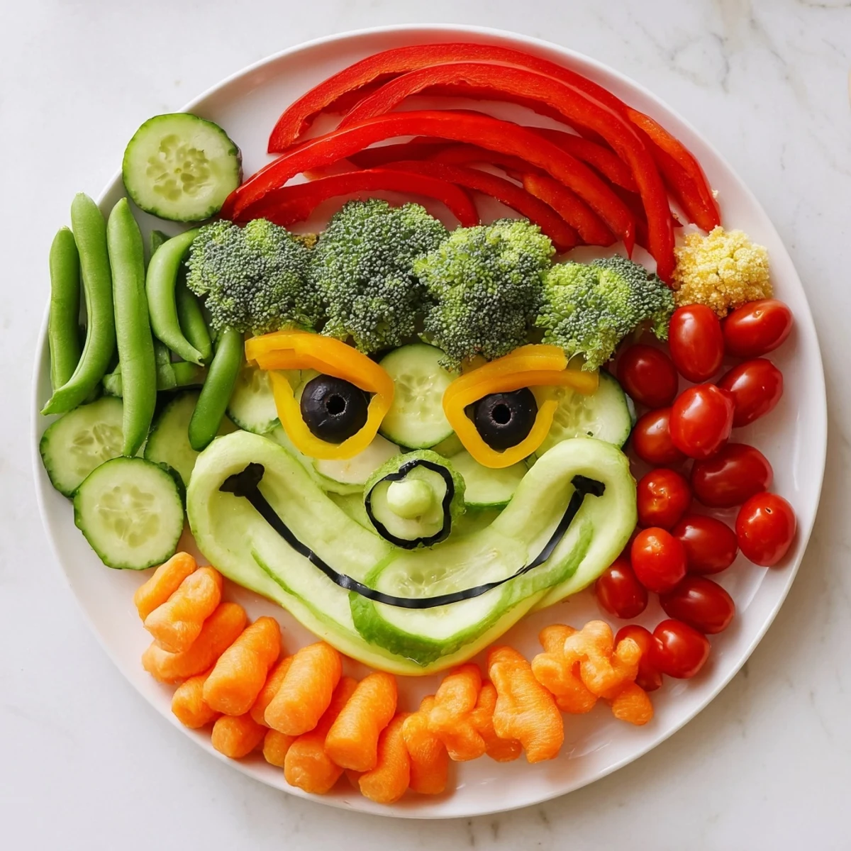 Vibrant Savory Crudités Grinch Face platter, featuring fresh broccoli, cucumber, and colorful bell peppers.