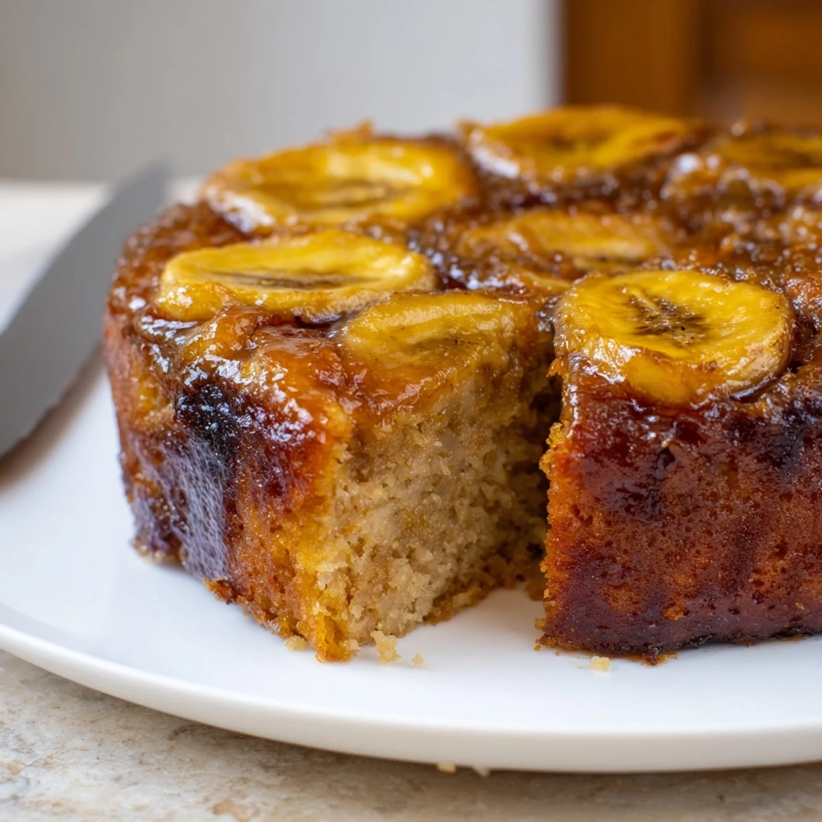 Golden-brown banana bread cake, with caramelized banana slices glistening atop a tender crumb.