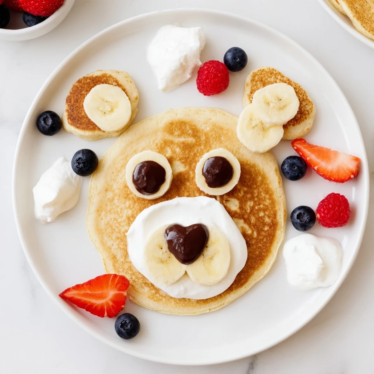 Fluffy Polar Bear Pancake Stack Board with fresh fruit, maple syrup, and decadent spreads.