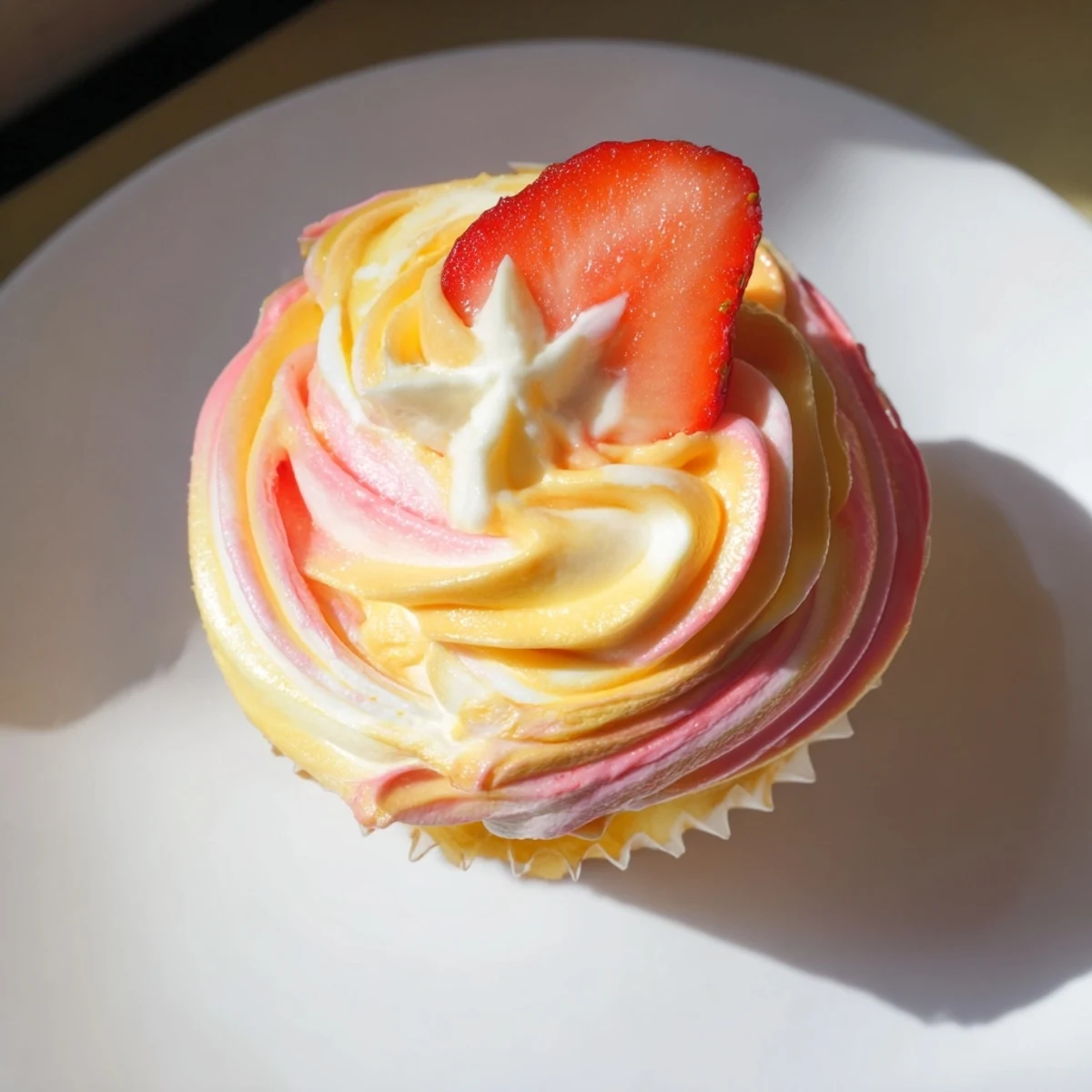 Mango Strawberry Sunset Cupcakes, with a vibrant swirl of pink and orange buttercream, perfect treat.