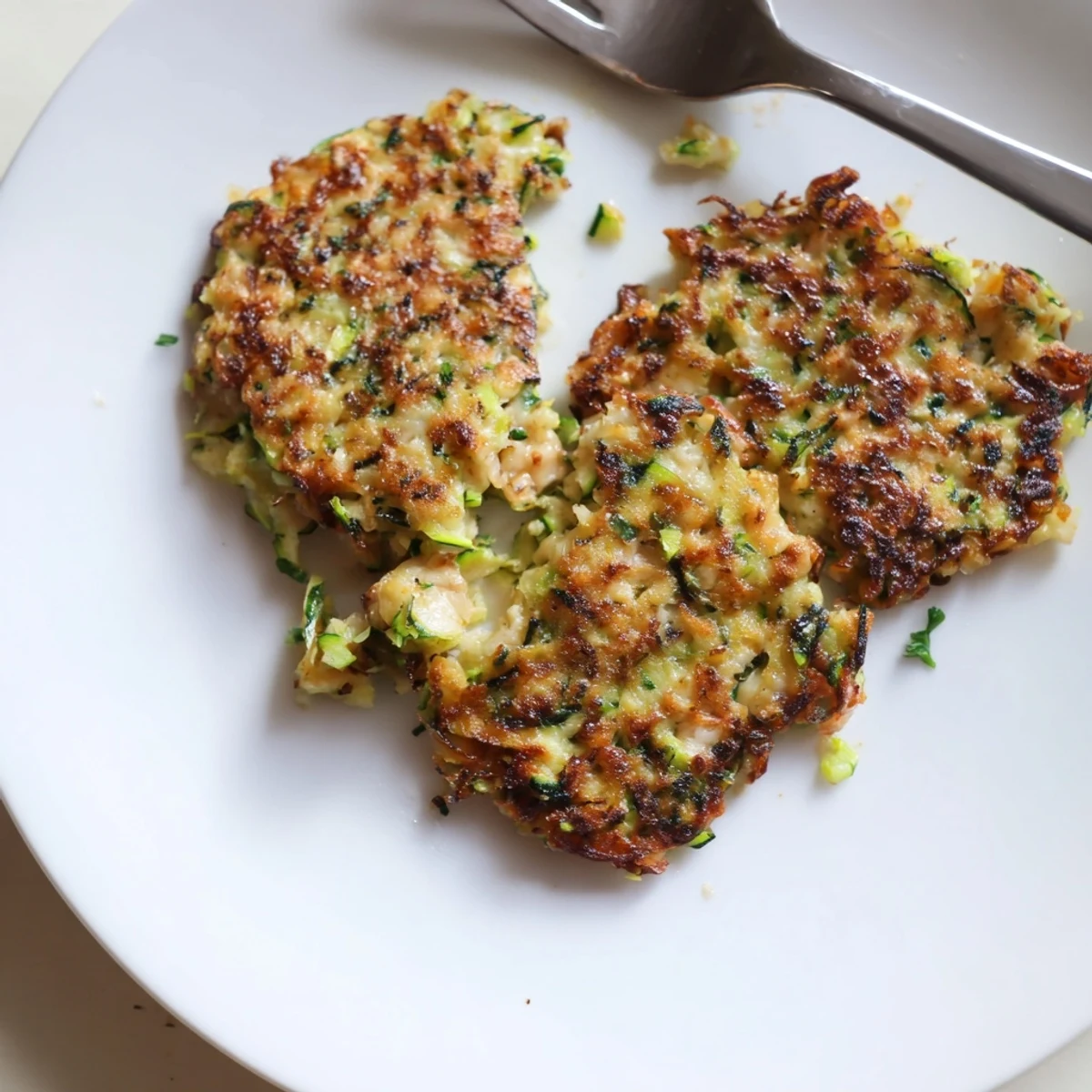 Golden-brown High-Protein Chicken Zucchini Fritters, crispy and savory, ready to be enjoyed!