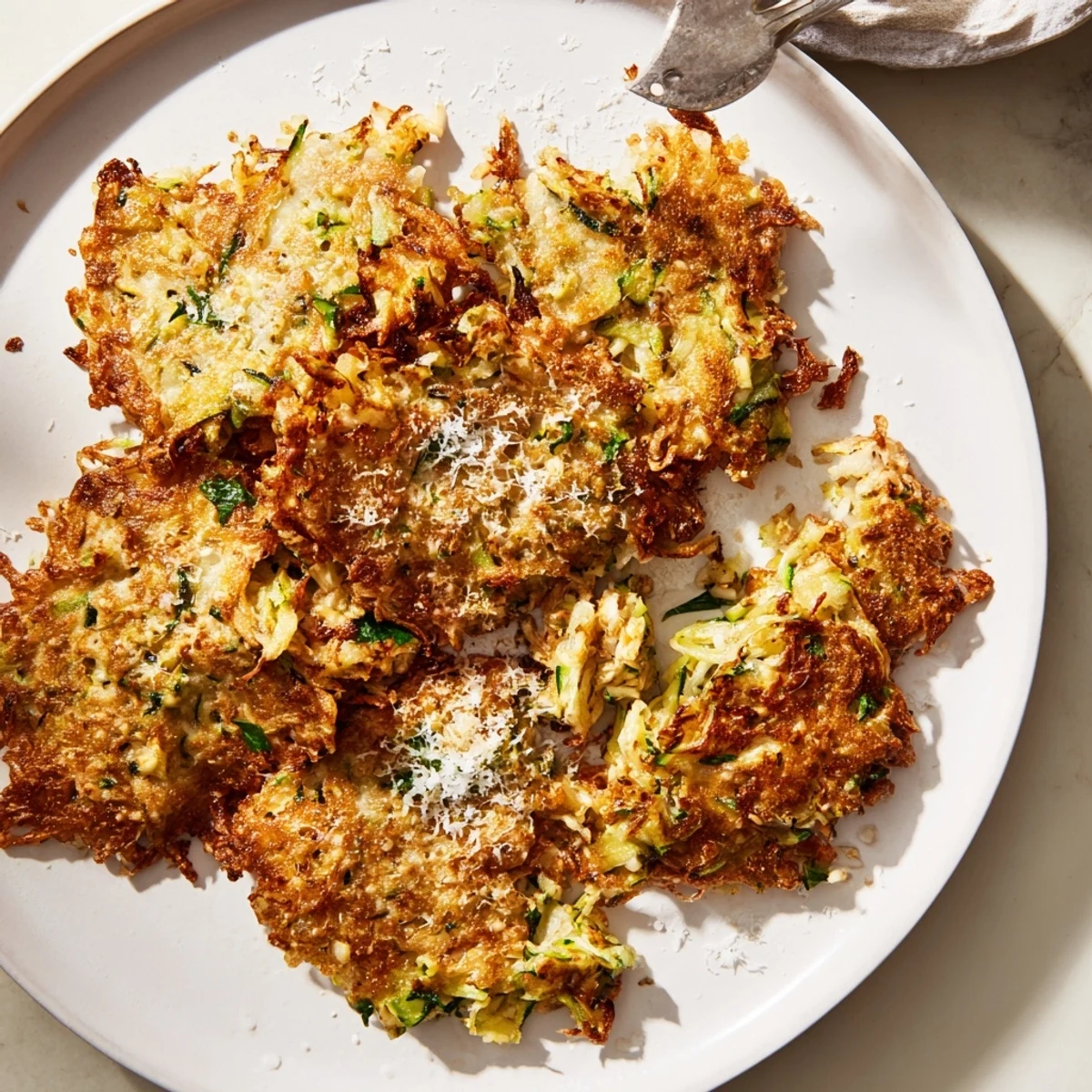 A close-up of delicious High-Protein Chicken Zucchini Fritters, perfectly fried with visible herbs.