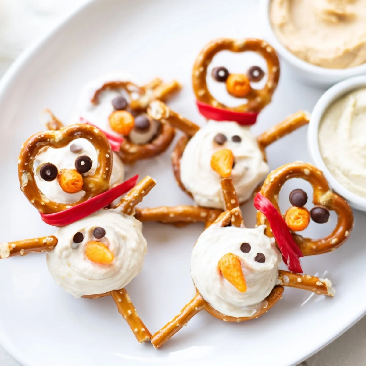 Snowman pretzel platter featuring charming pretzel snowmen with carrot noses and red pepper scarves.