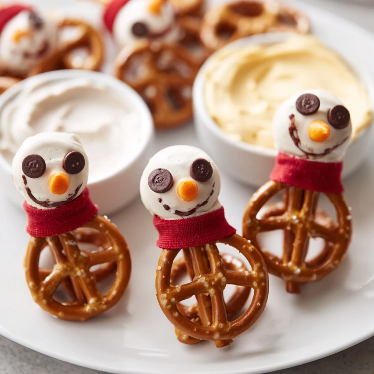 Festive close-up of Snowman pretzel snacks, arranged with creamy dips for a cheerful holiday appetizer.