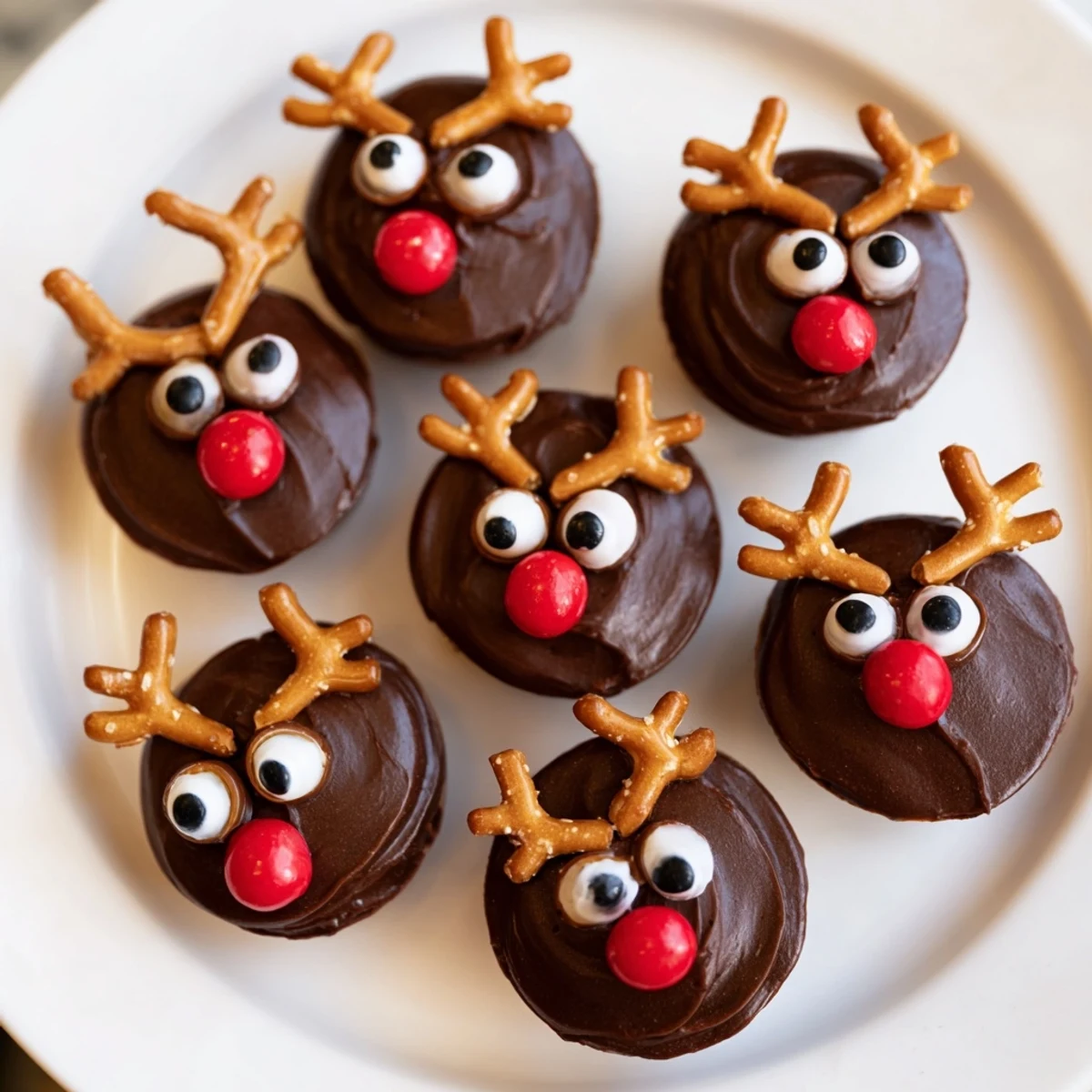 Chocolate Reindeer Pudding Cups arranged on a festive board, a fun and delicious holiday dessert idea.