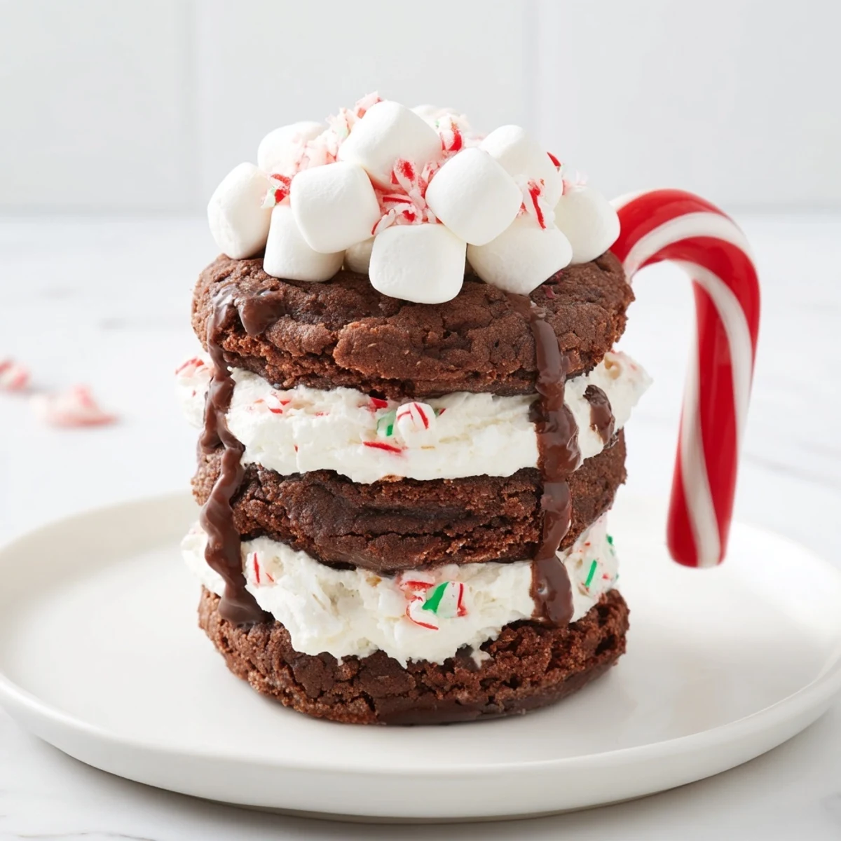 Stacked hot cocoa mug cookies, visually delightful with fluffy marshmallow topping and chocolate drizzle.
