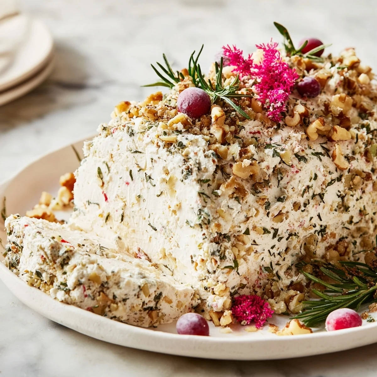 A festive Yuletide Log Cheese Centerpiece, a creamy, savory log shaped for holiday tables.