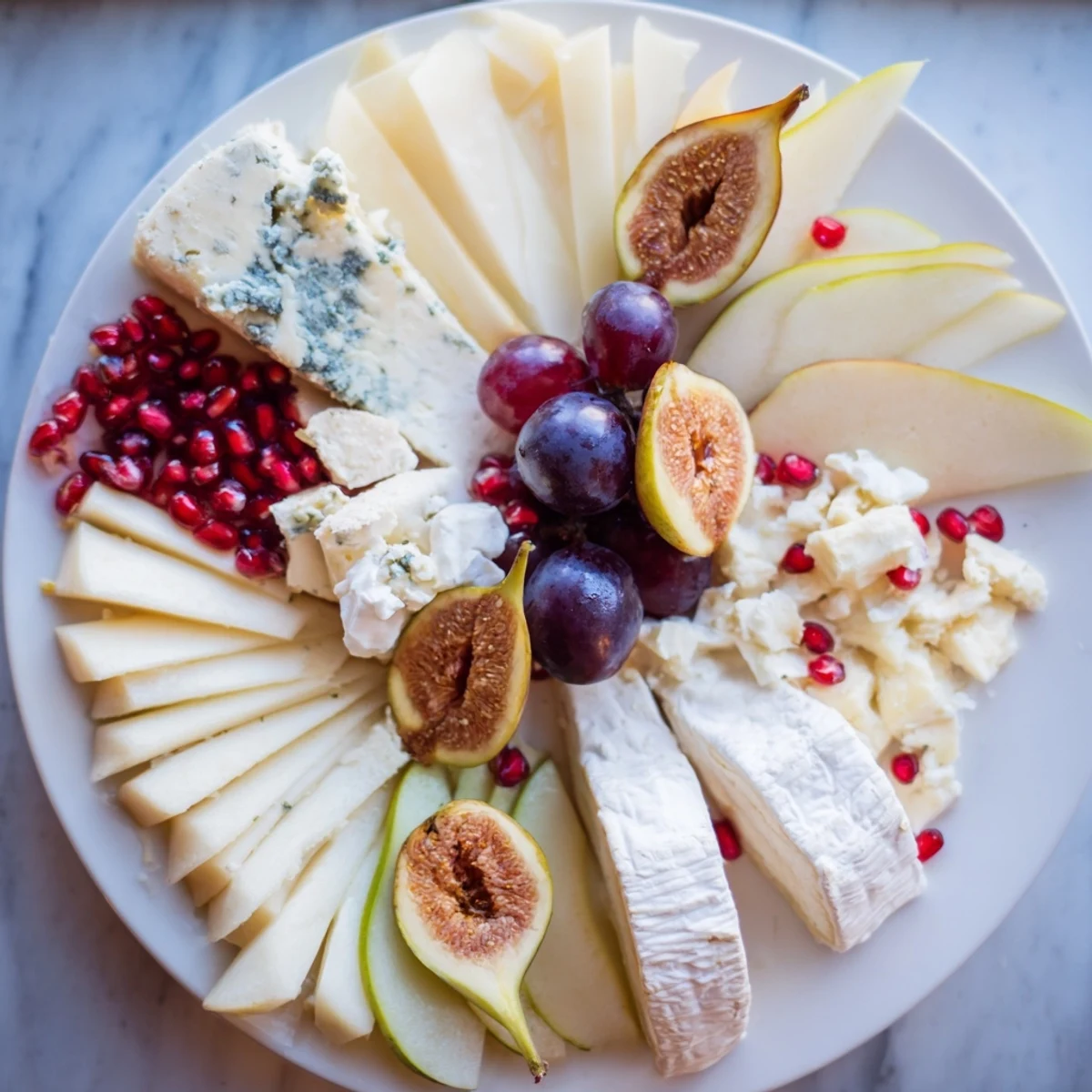 Star of Bethlehem cheese platter arranged with artisanal cheeses, fresh fruit and gourmet accompaniments for a holiday appetizer.