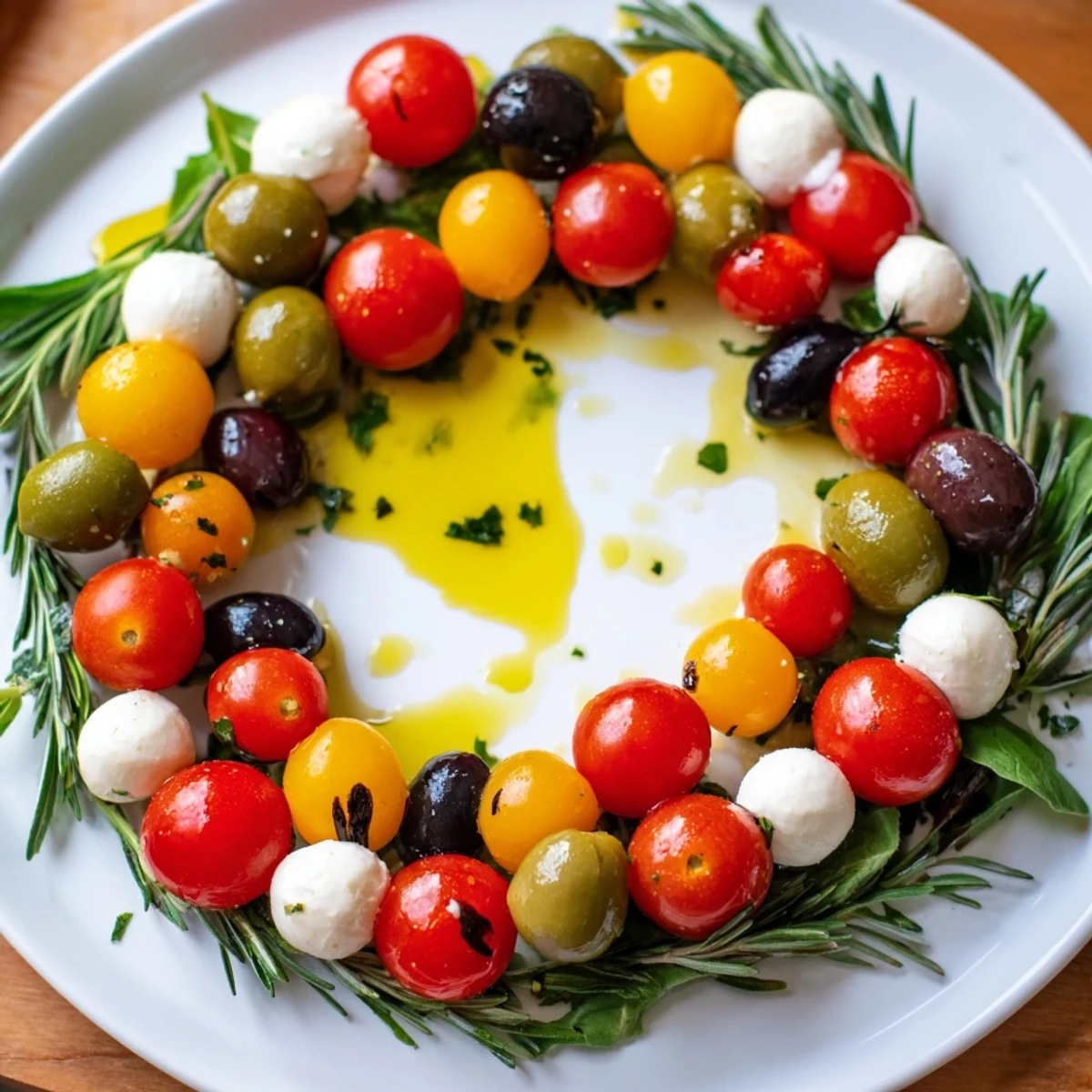 Vibrant Olive and Cherry Tomato Wreath appetizer, beautifully arranged with fresh herbs, ready to serve.