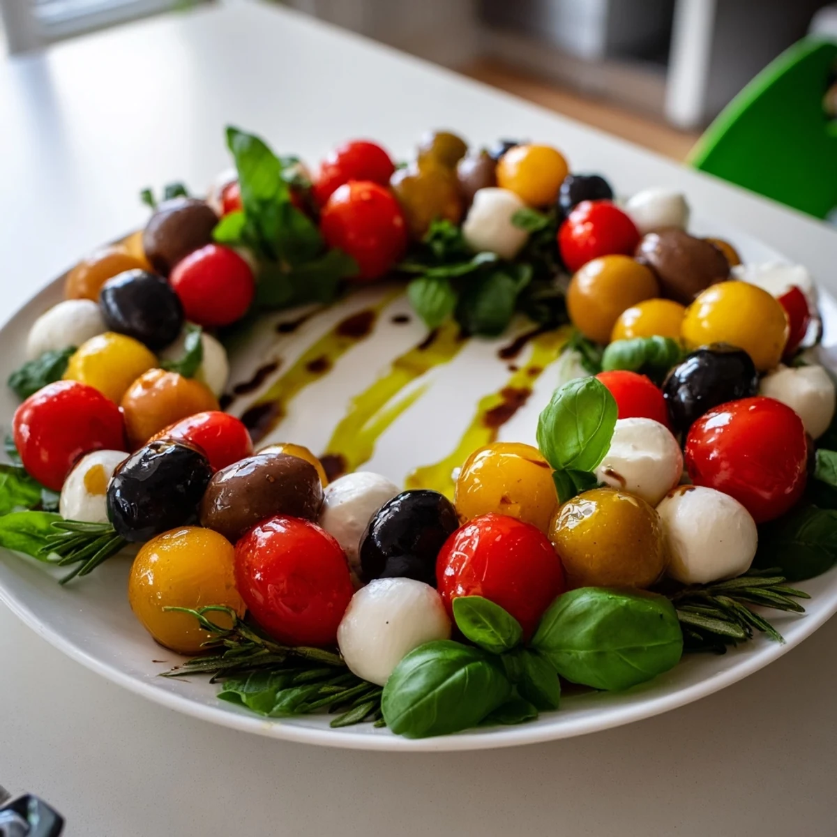 This festive Olive and Cherry Tomato Wreath glistens with olive oil, a beautiful, savory appetizer.