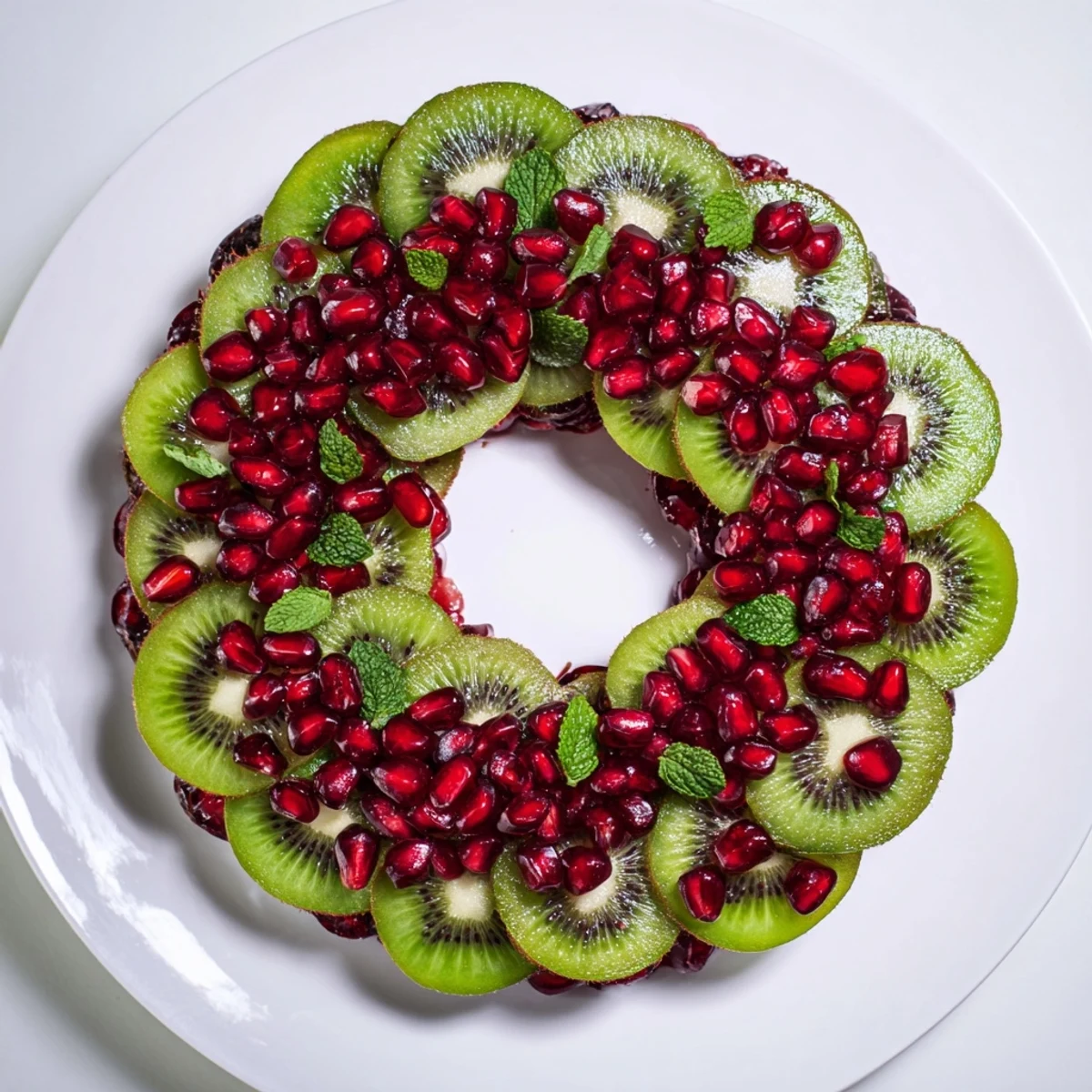 Fresh kiwi and sparkling pomegranate seeds form a beautiful, healthy Kiwi and Pomegranate Christmas Wreath.