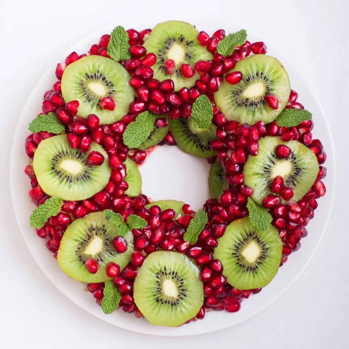 Vibrant Kiwi and Pomegranate Christmas Wreath fruit platter, a festive appetizer loaded with juicy fruit.