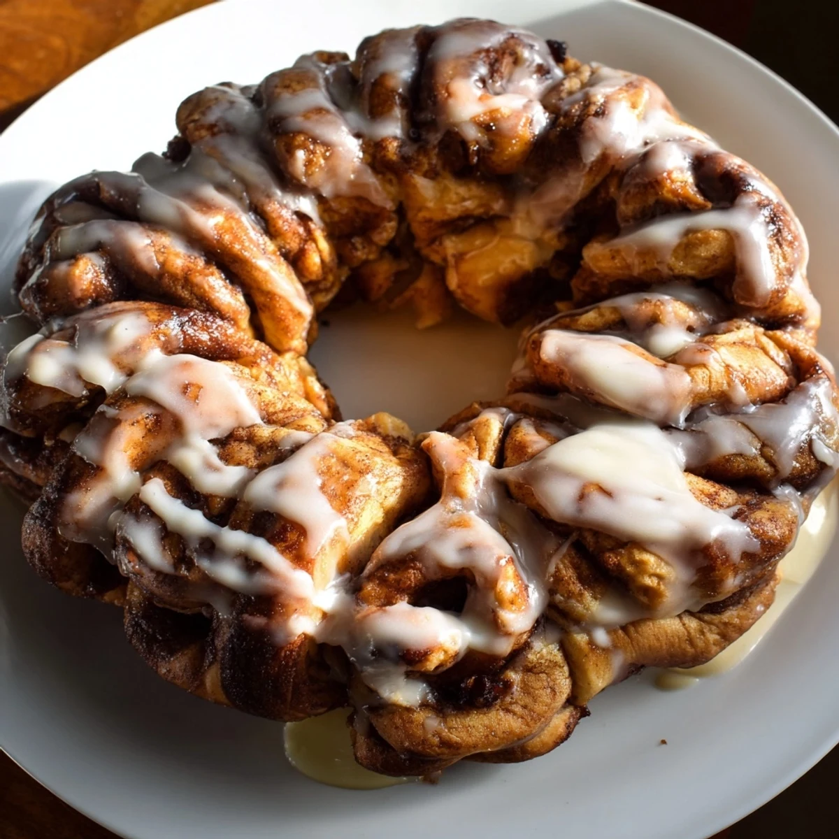 Fluffy, golden cinnamon roll pull-apart wreath, fresh from the oven, ready for sharing and sweet bites.