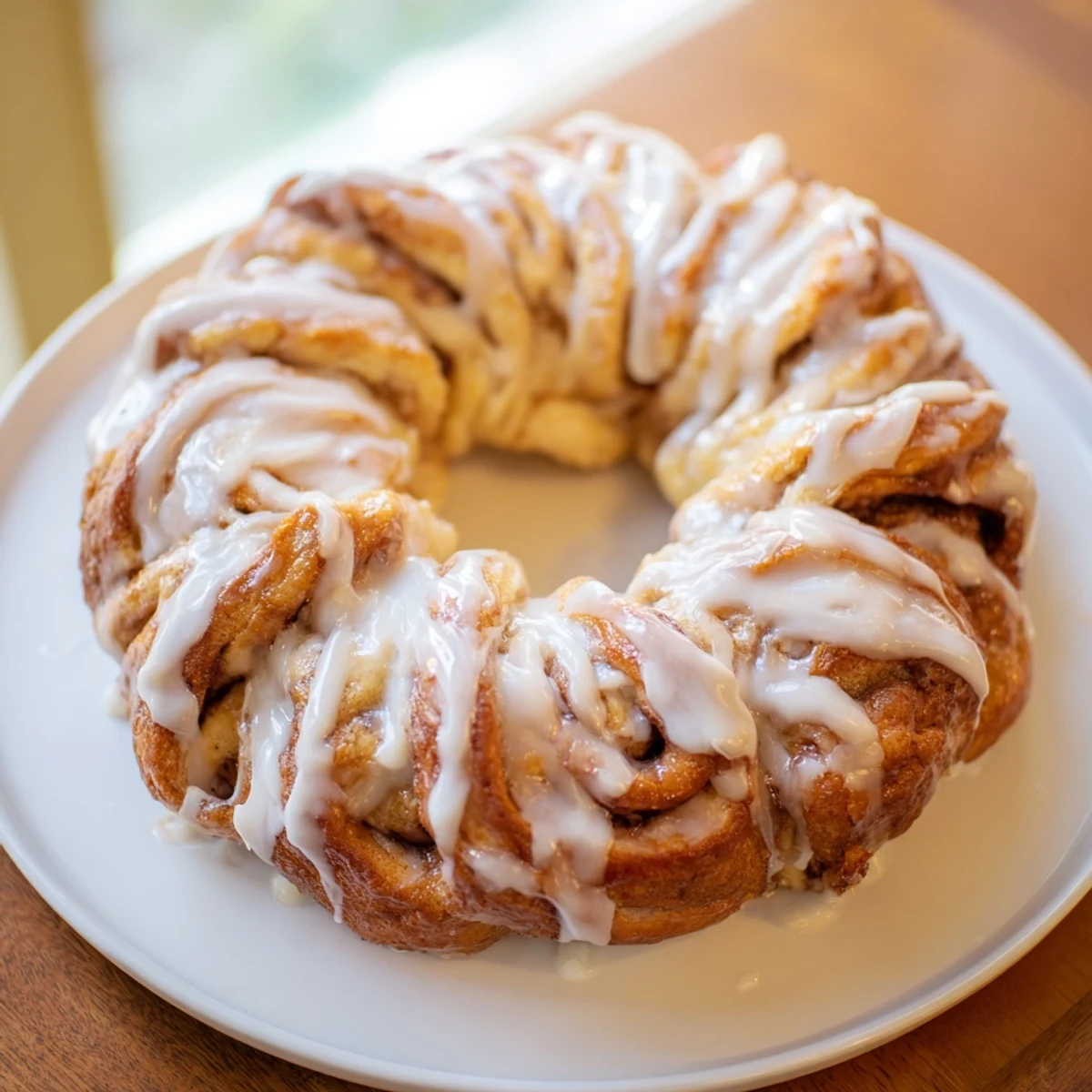 Warm and glistening, this homemade cinnamon roll pull-apart wreath offers a comforting, glazed goodness.