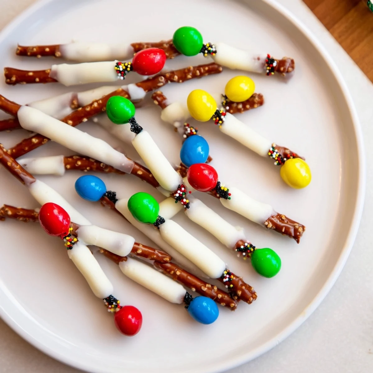 Festive pretzel sticks and dip Christmas lights: colorful candy melts create a delightful holiday snack display.