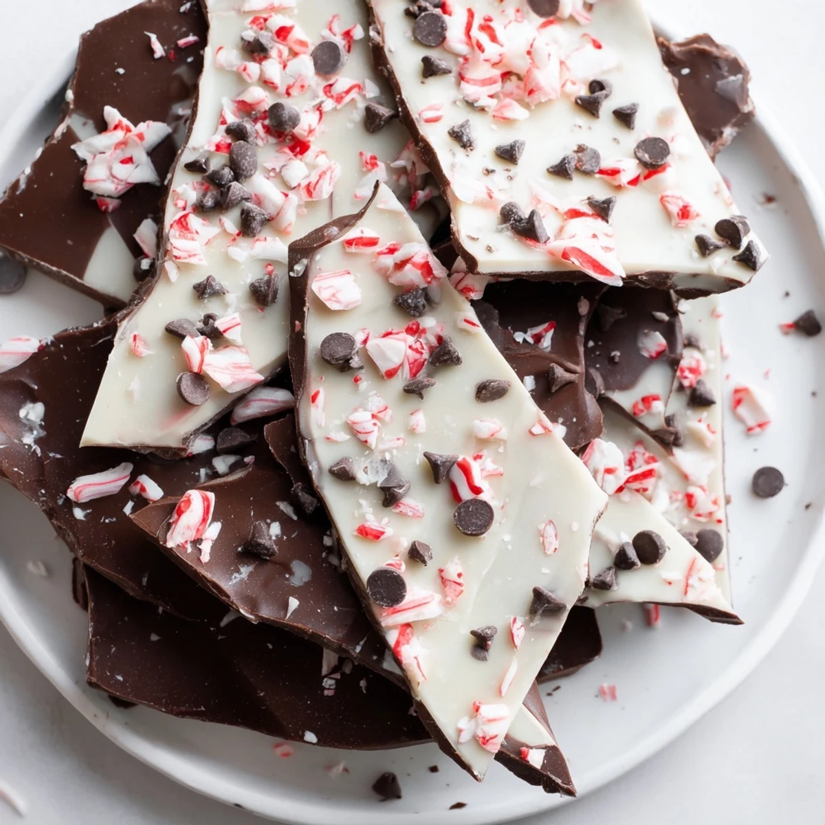 Crisp Peppermint Bark shards, a festive dessert of dark and white chocolate with crushed peppermint.