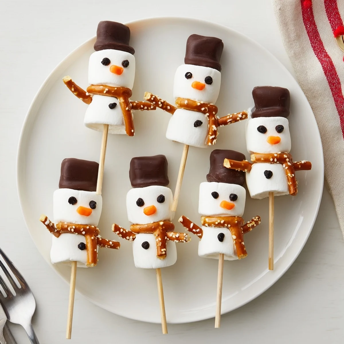 Marshmallow snowman stick arrangement, an array of adorable marshmallow snowmen perfect for winter parties.