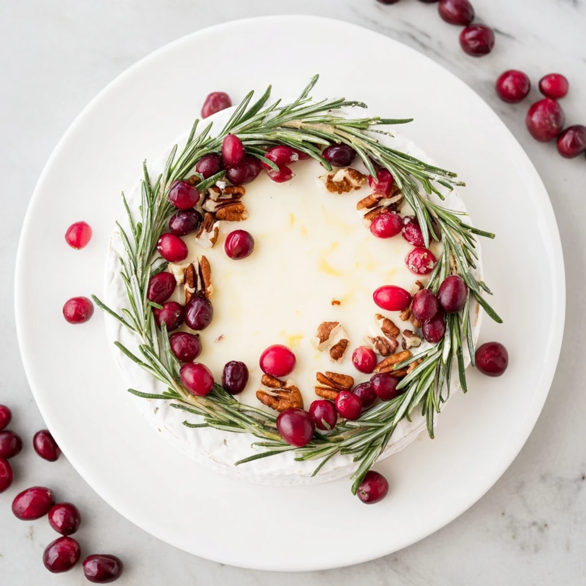 Creamy Brie Cheese Wheel with Rosemary Wreath, ready to serve with crackers for guests.