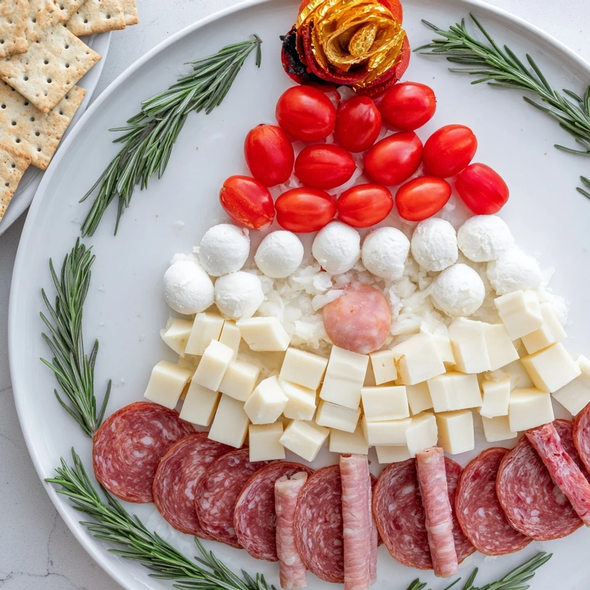 Festive Santa's Beard and Hat board features creamy white cheeses, salami and peppers for a delicious holiday appetizer.