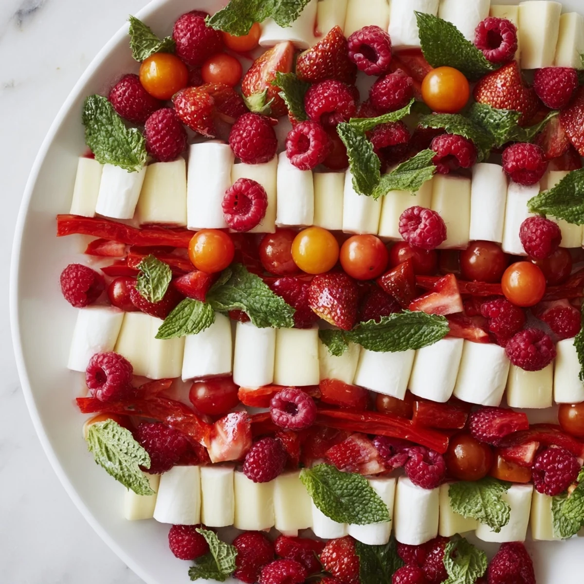 Peppermint Stripe Celebration platter with vibrant red berries and creamy, white cheeses for a holiday party.
