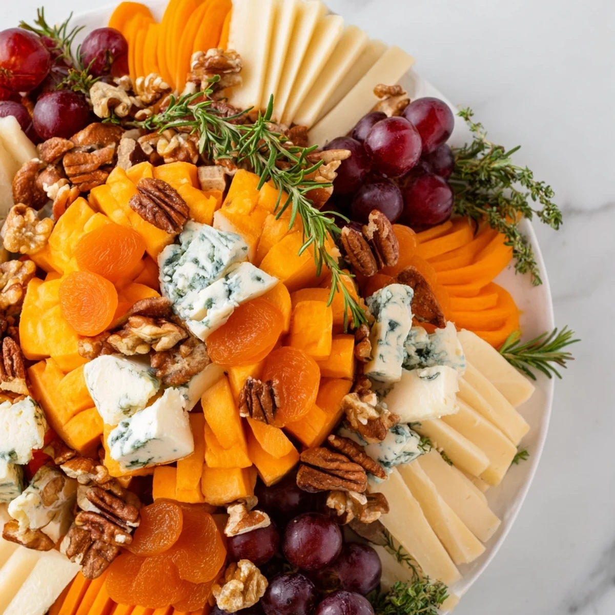 An Autumn Harvest Horn of Plenty, overflowing with dried fruits, nuts, and cheeses, ready to serve.