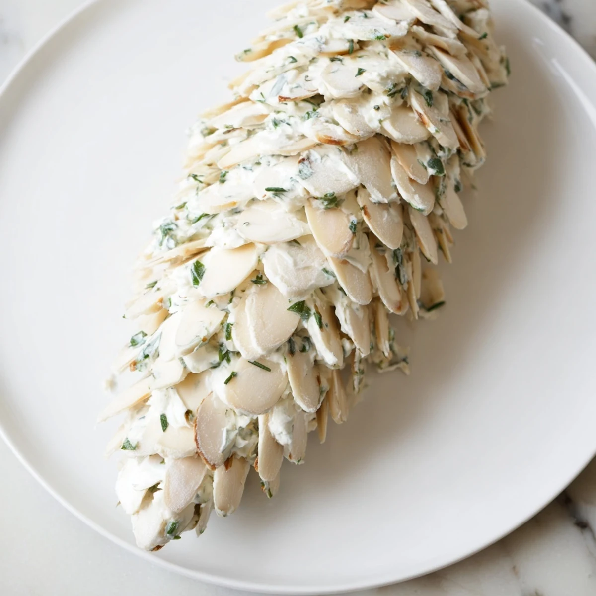Creamy cheese Snowy Pinecone Centerpiece adorned with sugared almonds and snowy powdered sugar.