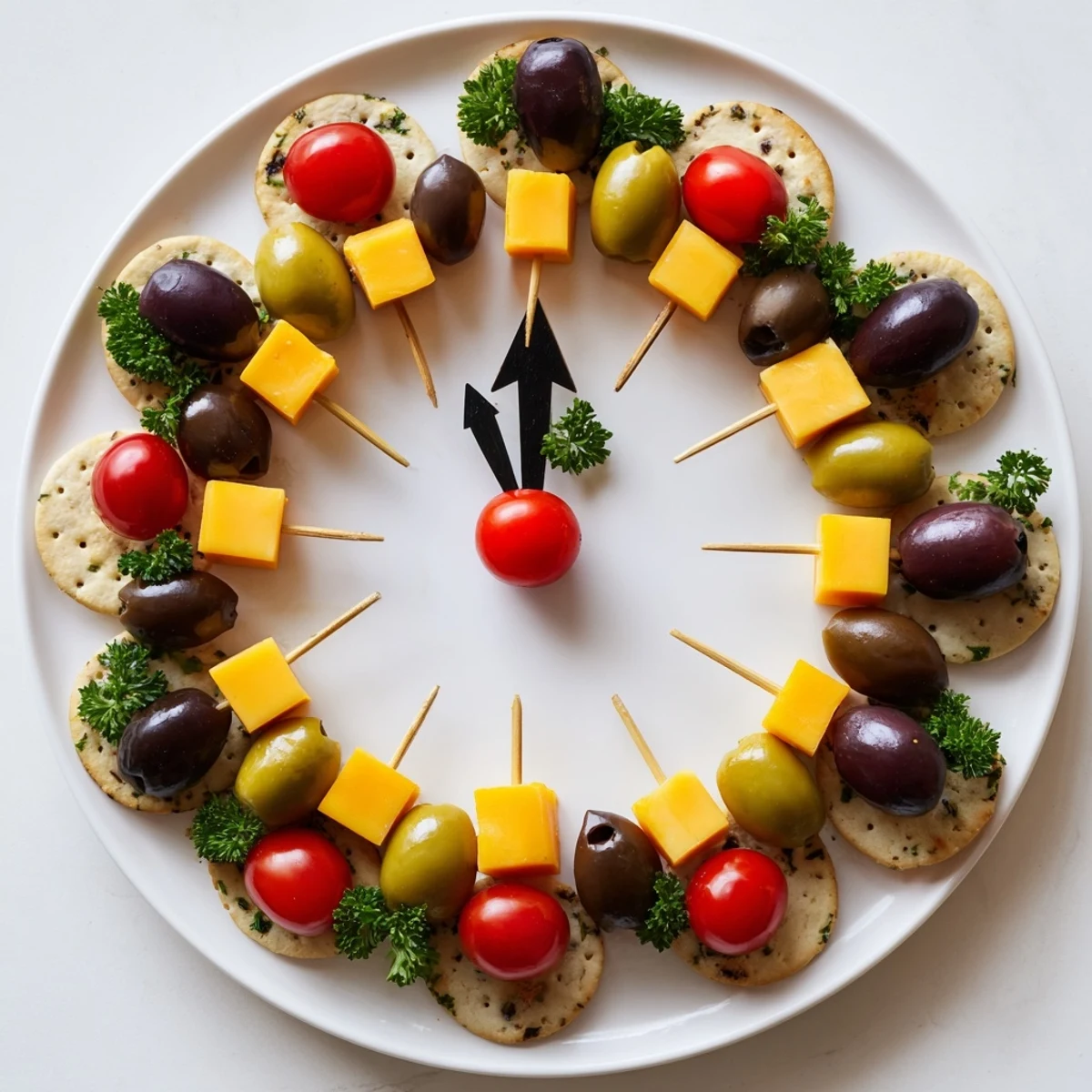 Festive New Years Clock Countdown appetizer, a delicious edible clock with cheese and olive details.