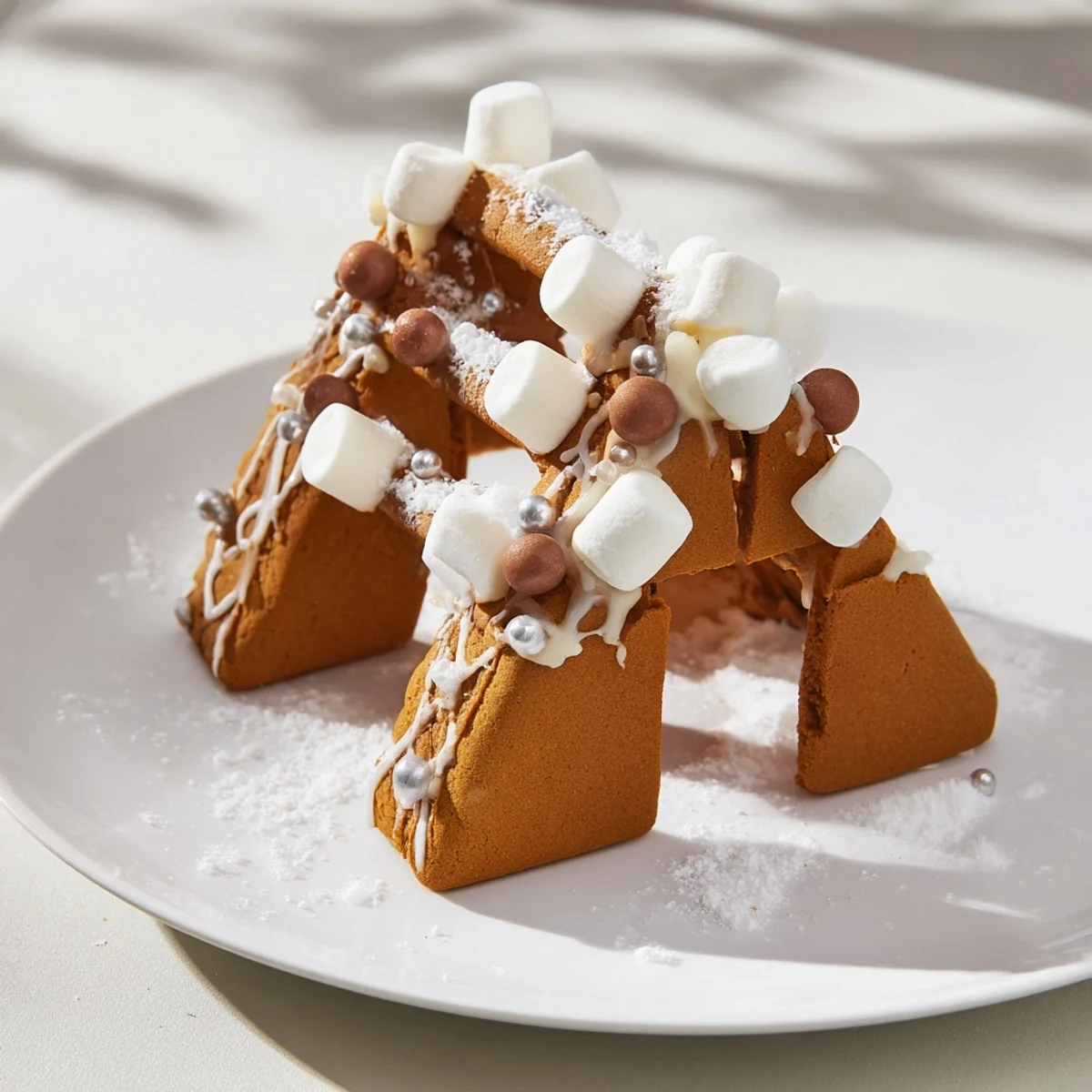 Festive gingerbread house frame filled with treats, a cozy holiday dessert centerpiece.