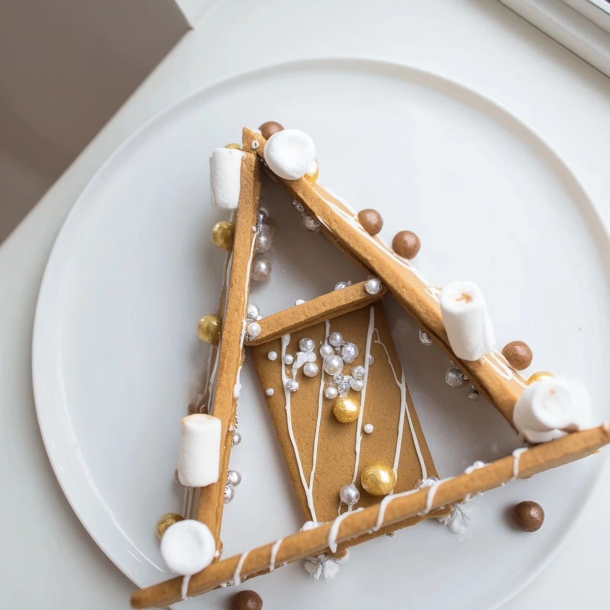 Decorated gingerbread house frame, showcasing white chocolate drizzle and colorful candies for the holidays.