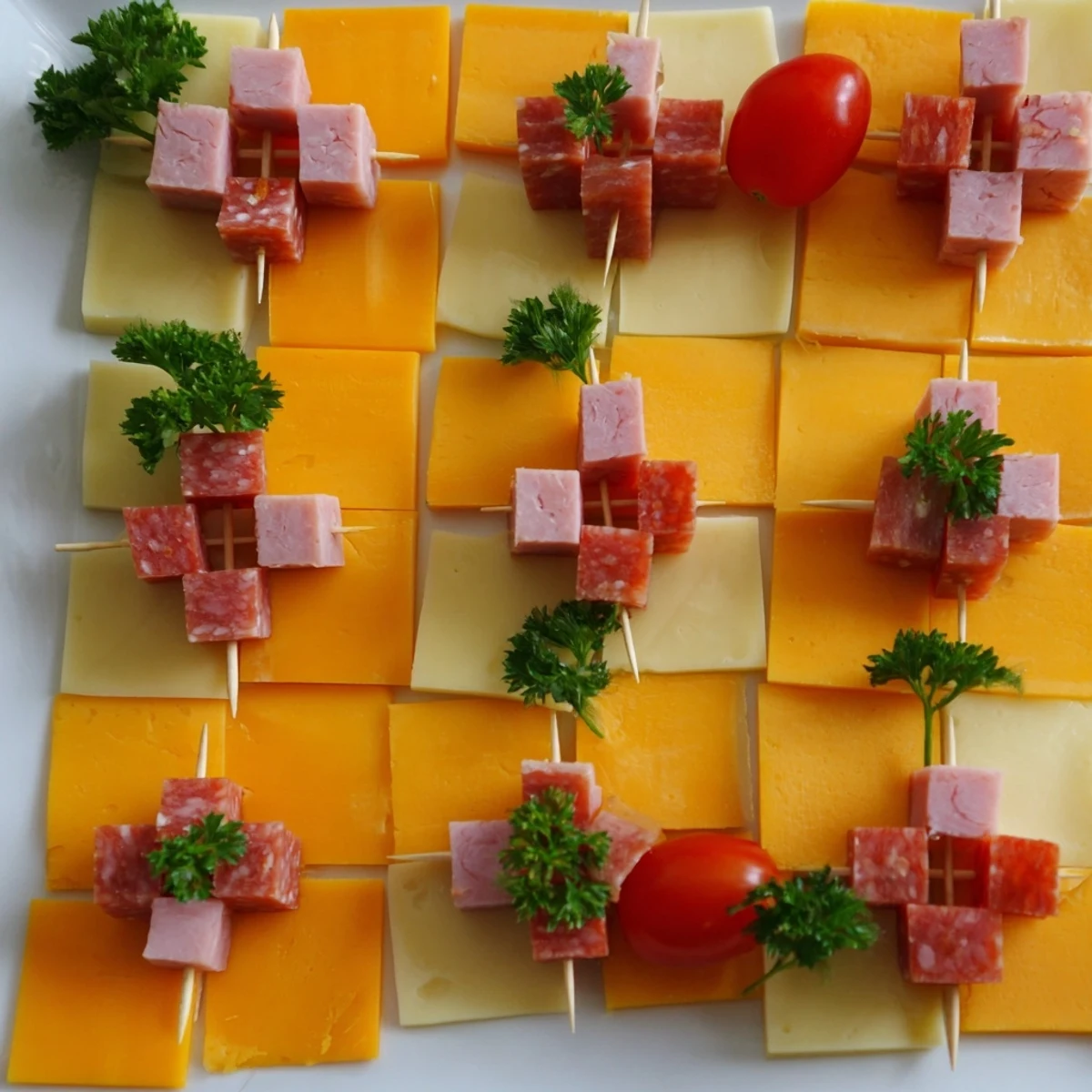 A colorful photo showcases the whimsical Checkerboard Chalet appetizer, a party-ready masterpiece.