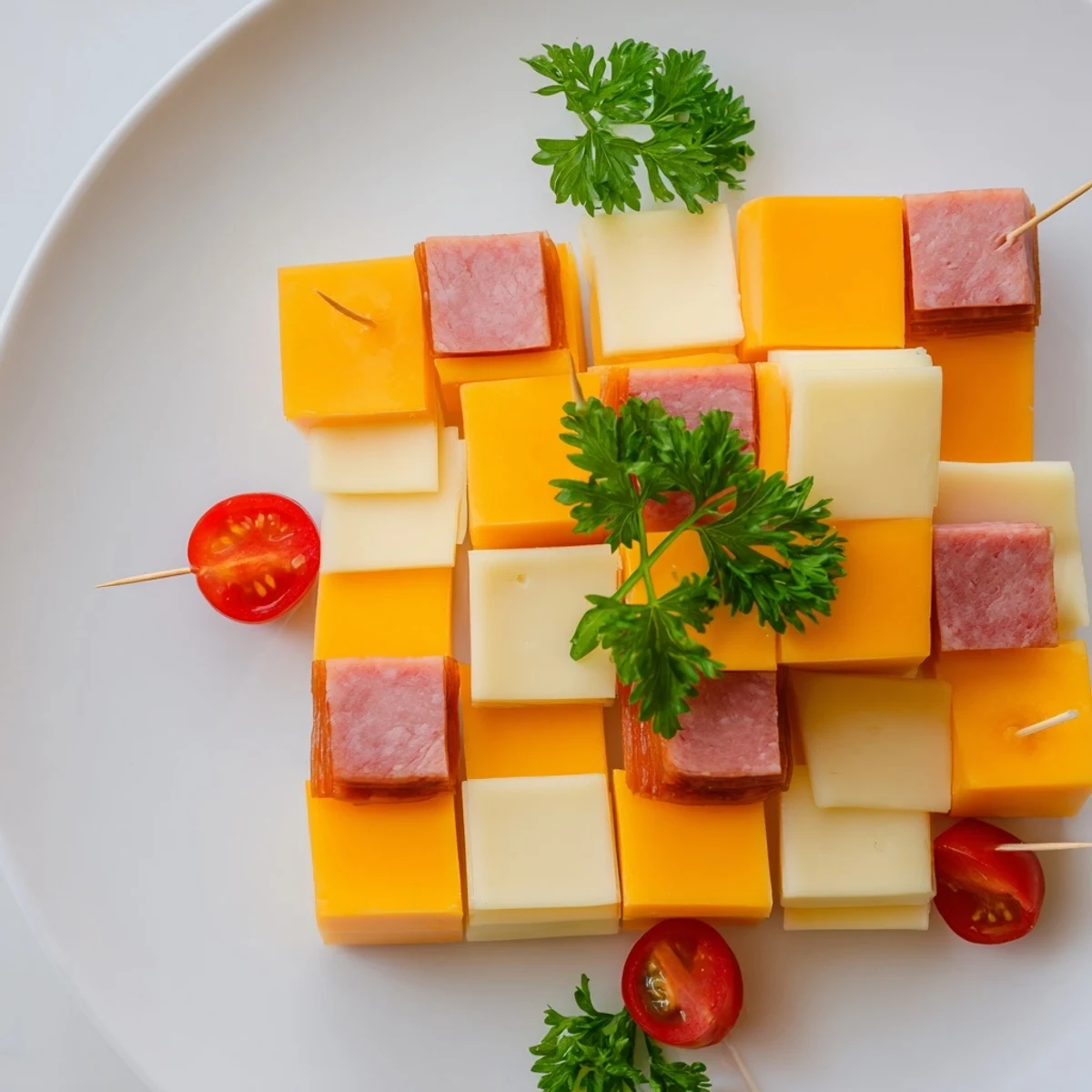 This close-up features the delicious Checkerboard Chalet, a visually stunning, gluten-free appetizer delight.