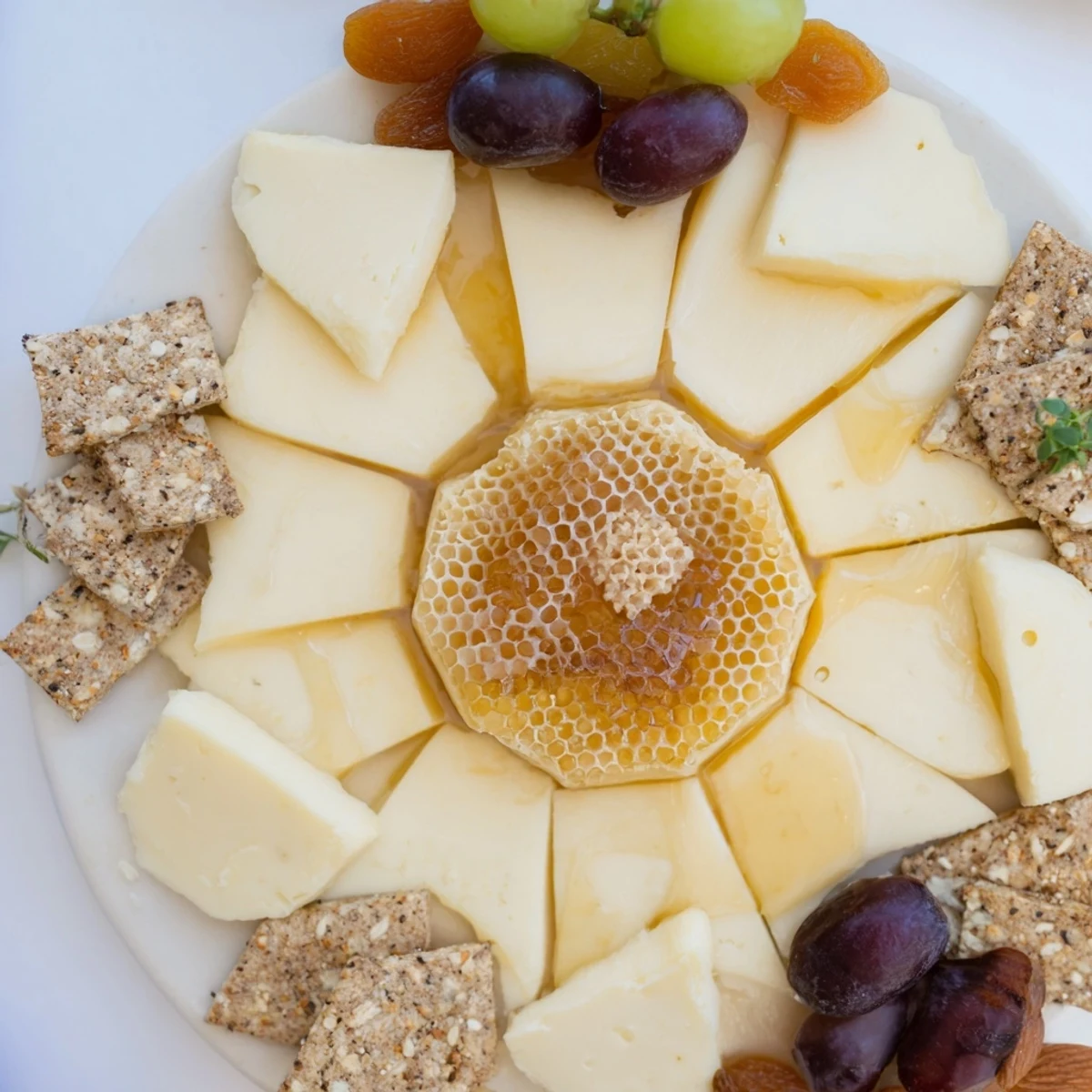 Stunning close-up: "The Gilded Hive" cheese board features a honeycomb centerpiece, ready to serve.