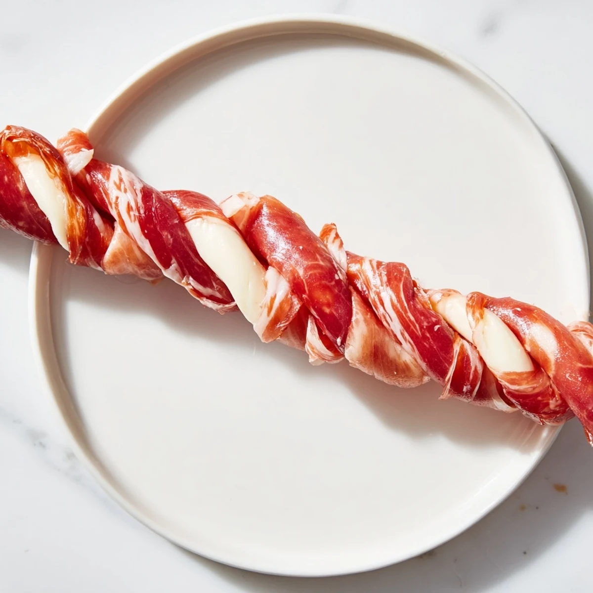 Braided Nautical Knot appetizer with salty prosciutto and cheesy mozzarella, ready to serve with dips.