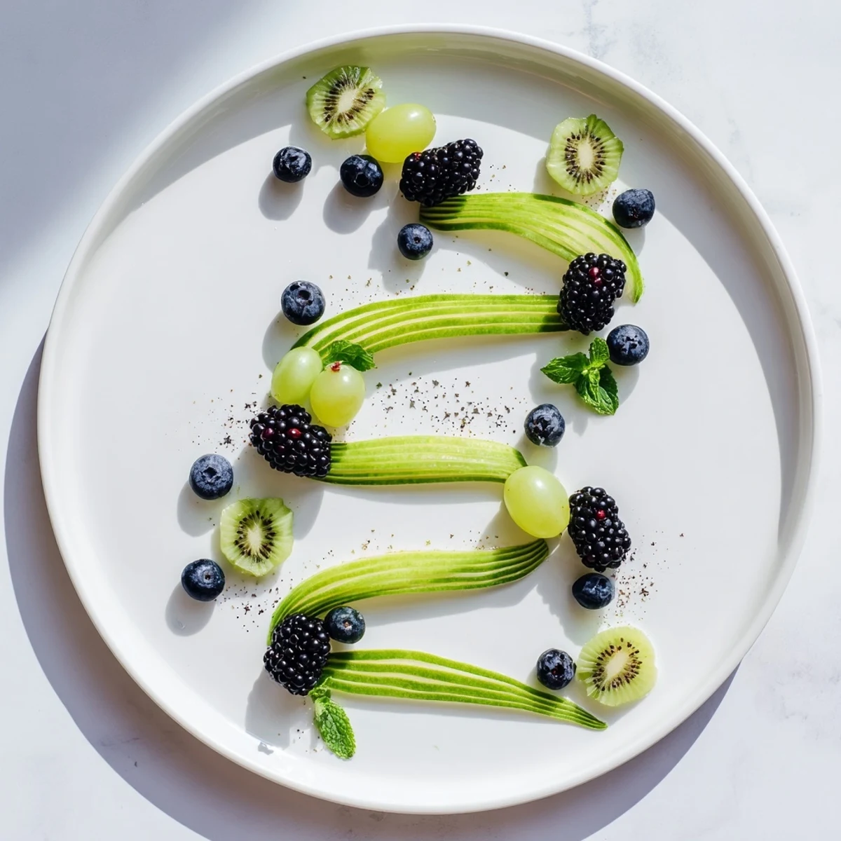 Fresh and colorful Aurora Borealis Sweep fruit platter: green and purple waves, ready to eat now.