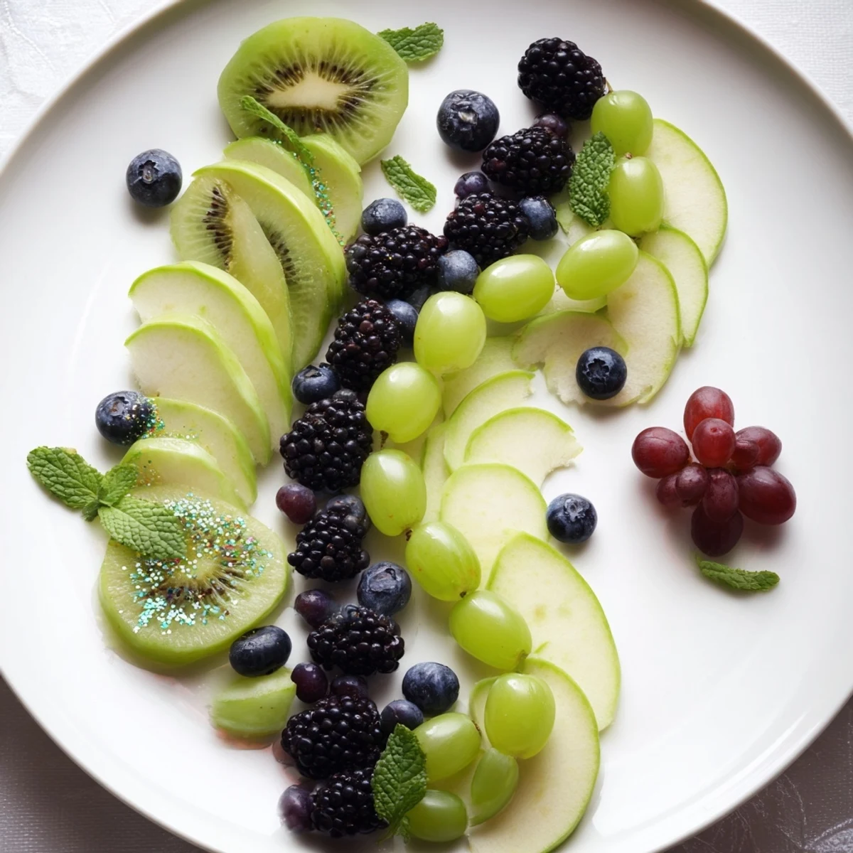 Vibrant Aurora Borealis Sweep fruit arrangement with layers of grapes, kiwi, and berries for a beautiful snack.