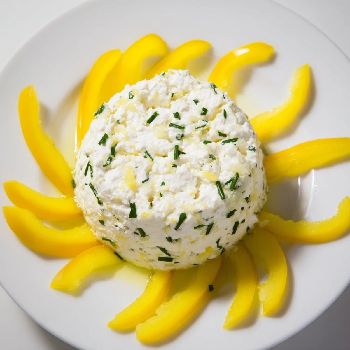 The bright Tuscan Sunburst appetizer: Yellow bell peppers encircle zesty goat cheese ready to scoop.