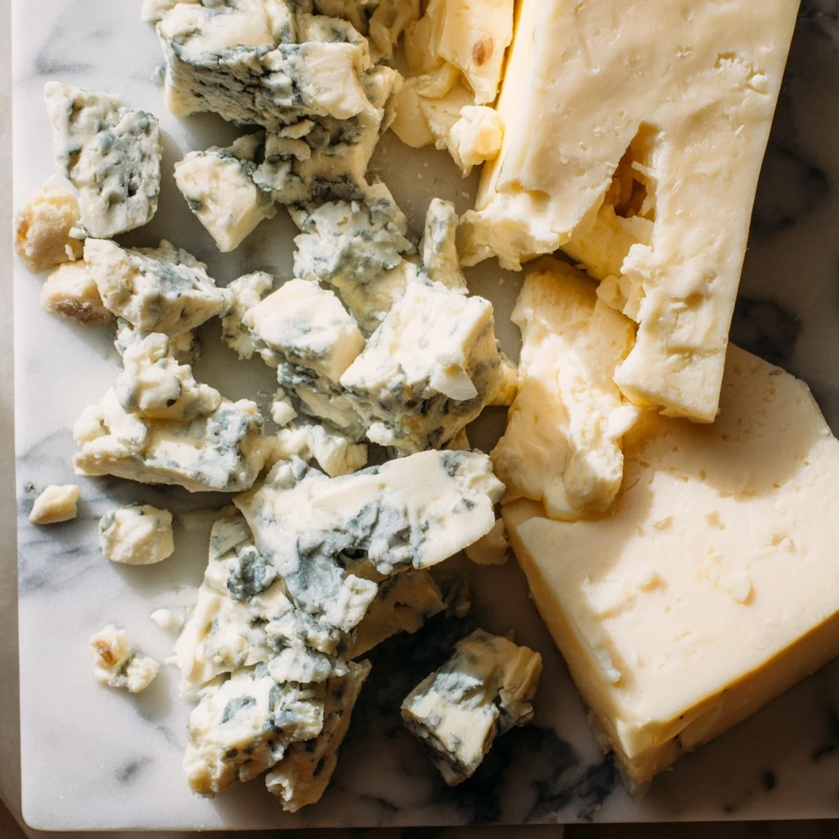 Chunks of blue cheese & sharp cheddar create "The Marble Quarry," a stunning cheese board.