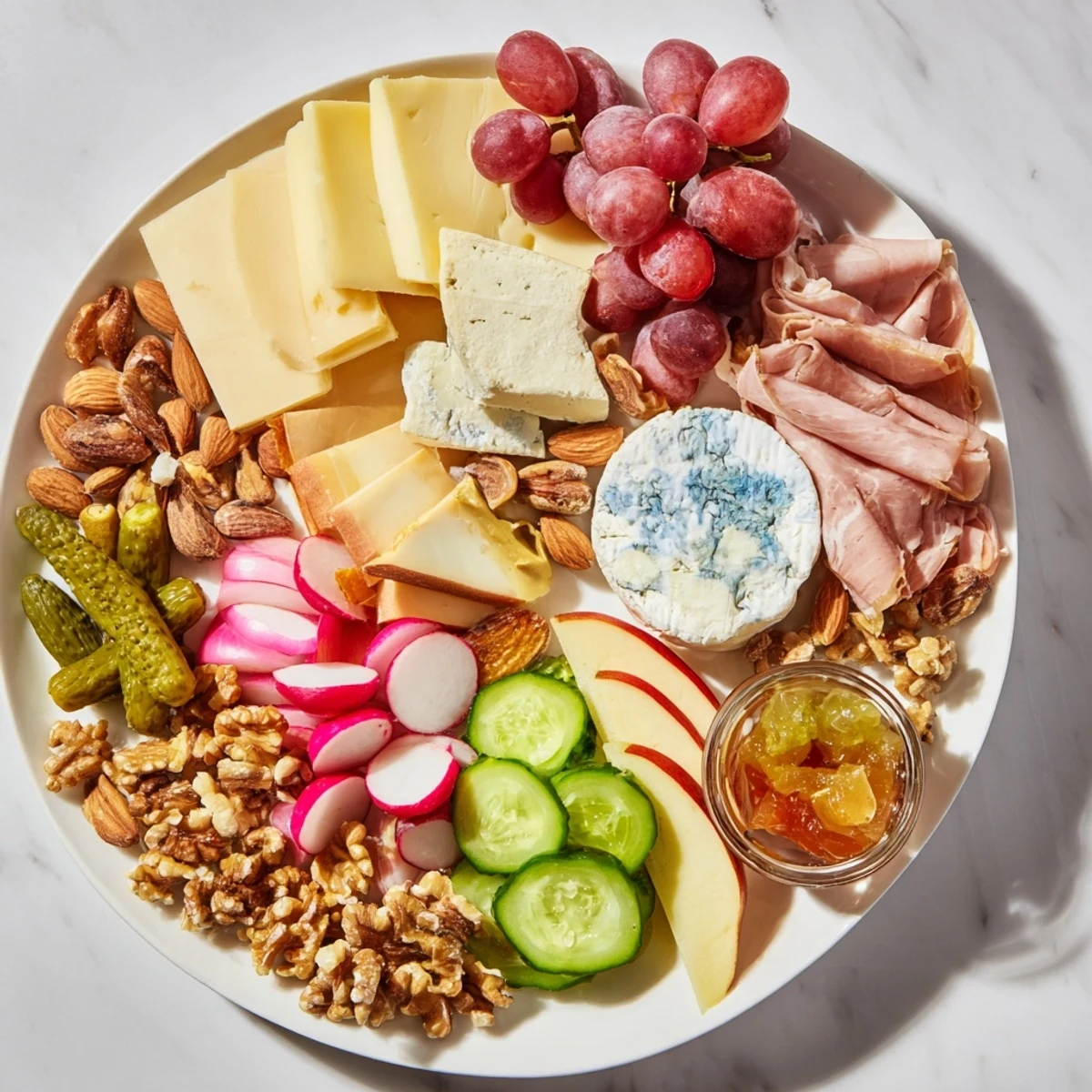 Cheval Heureux Snack Board arranged with colorful cheeses, meats, and fresh fruit making a delightful appetizer.