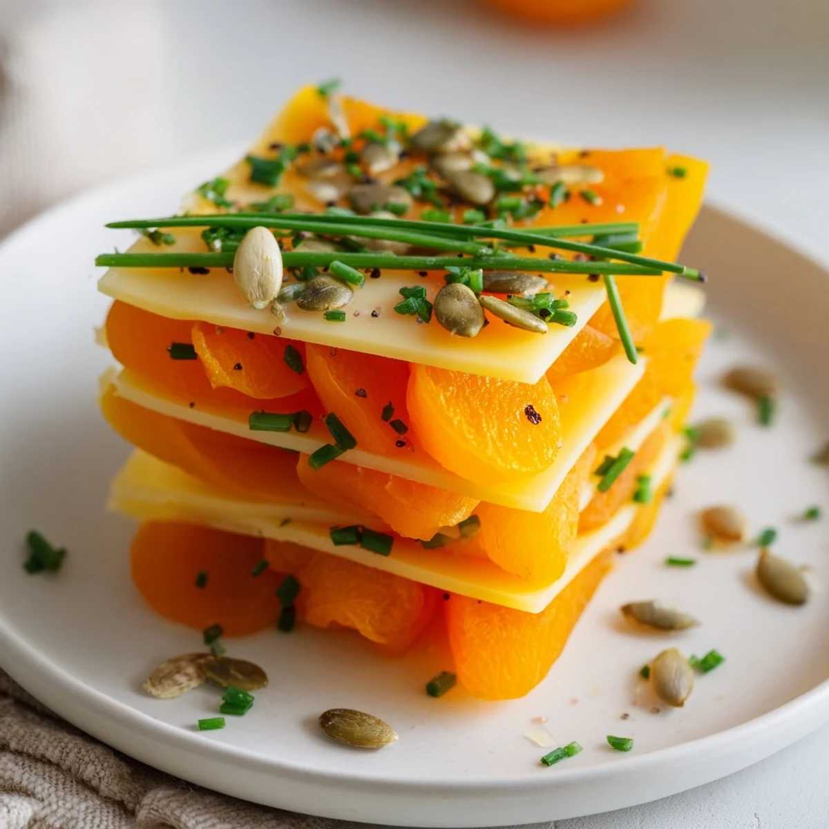 Vibrant appetizer: Serengeti Sunset featuring layers of apricots, Gouda, and optional chives.
