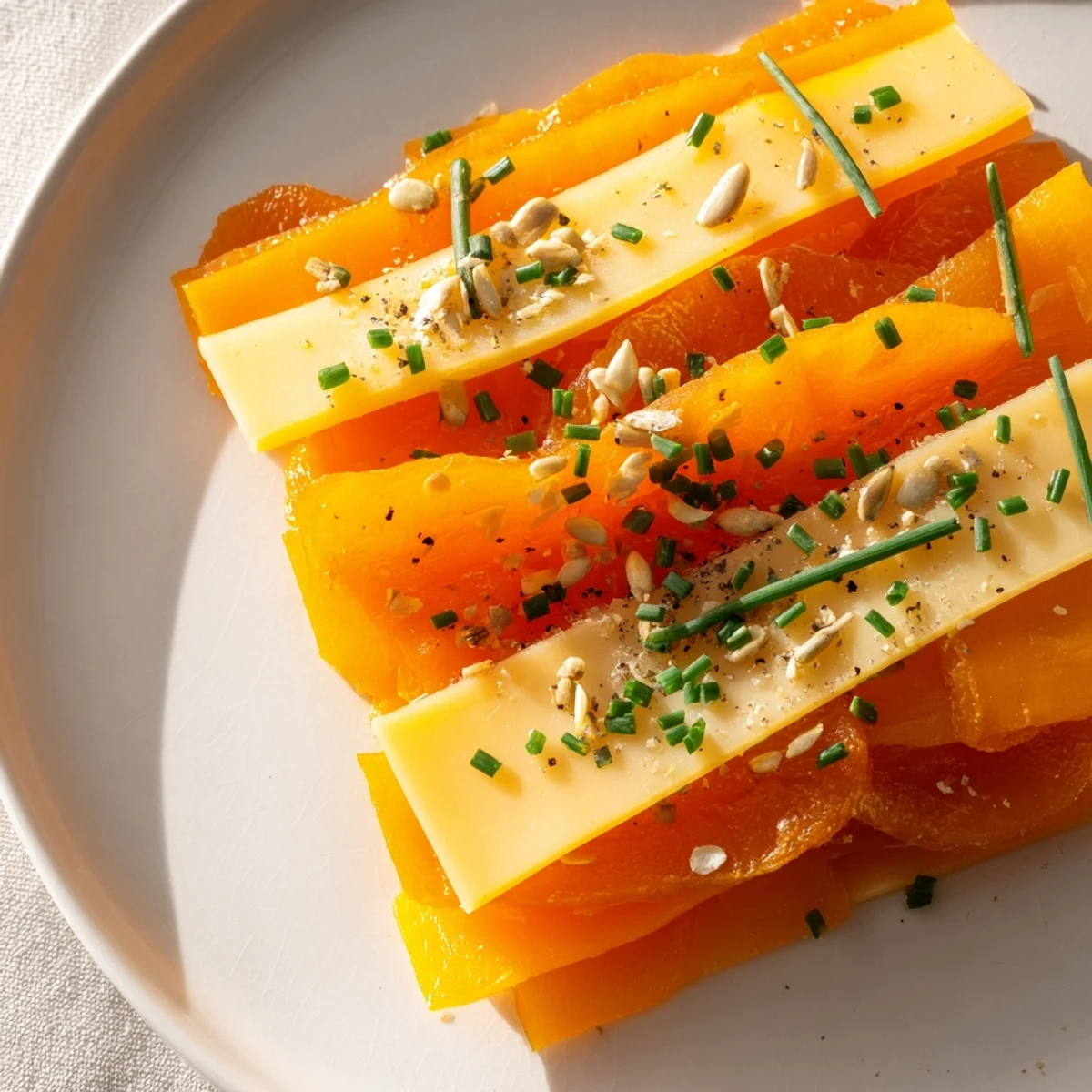 The visually stunning Serengeti Sunset appetizer offers sweet apricots and smoky Gouda in vibrant, sunset bands.