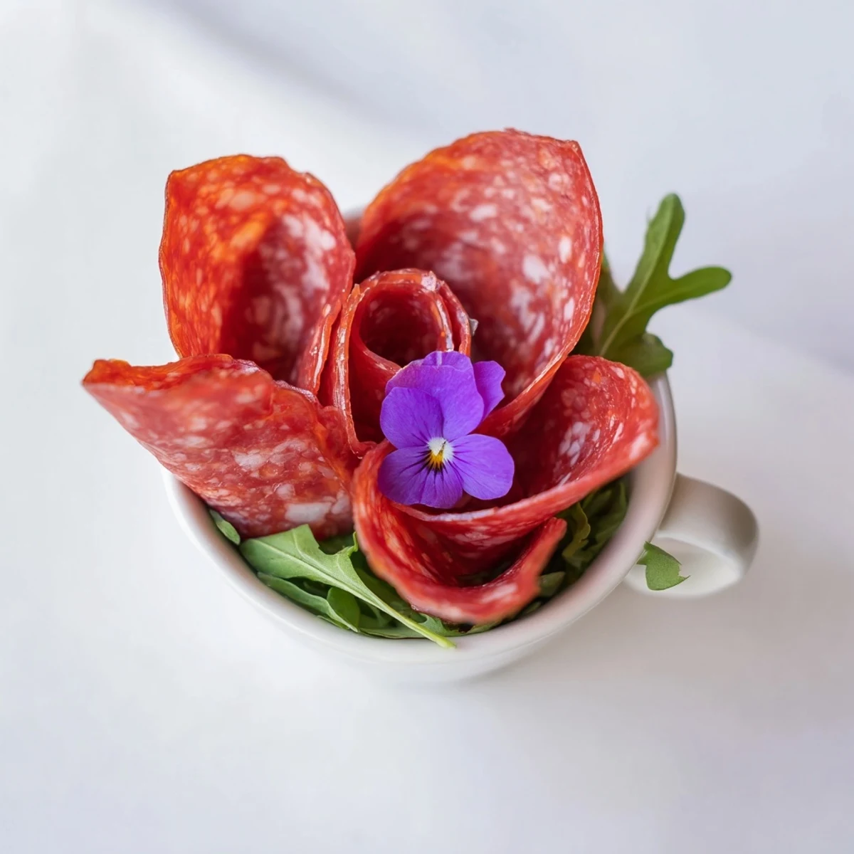 Victorian Tea Rose appetizer: beautifully arranged salami and pepperoni roses displayed in charming porcelain teacups alongside crackers.