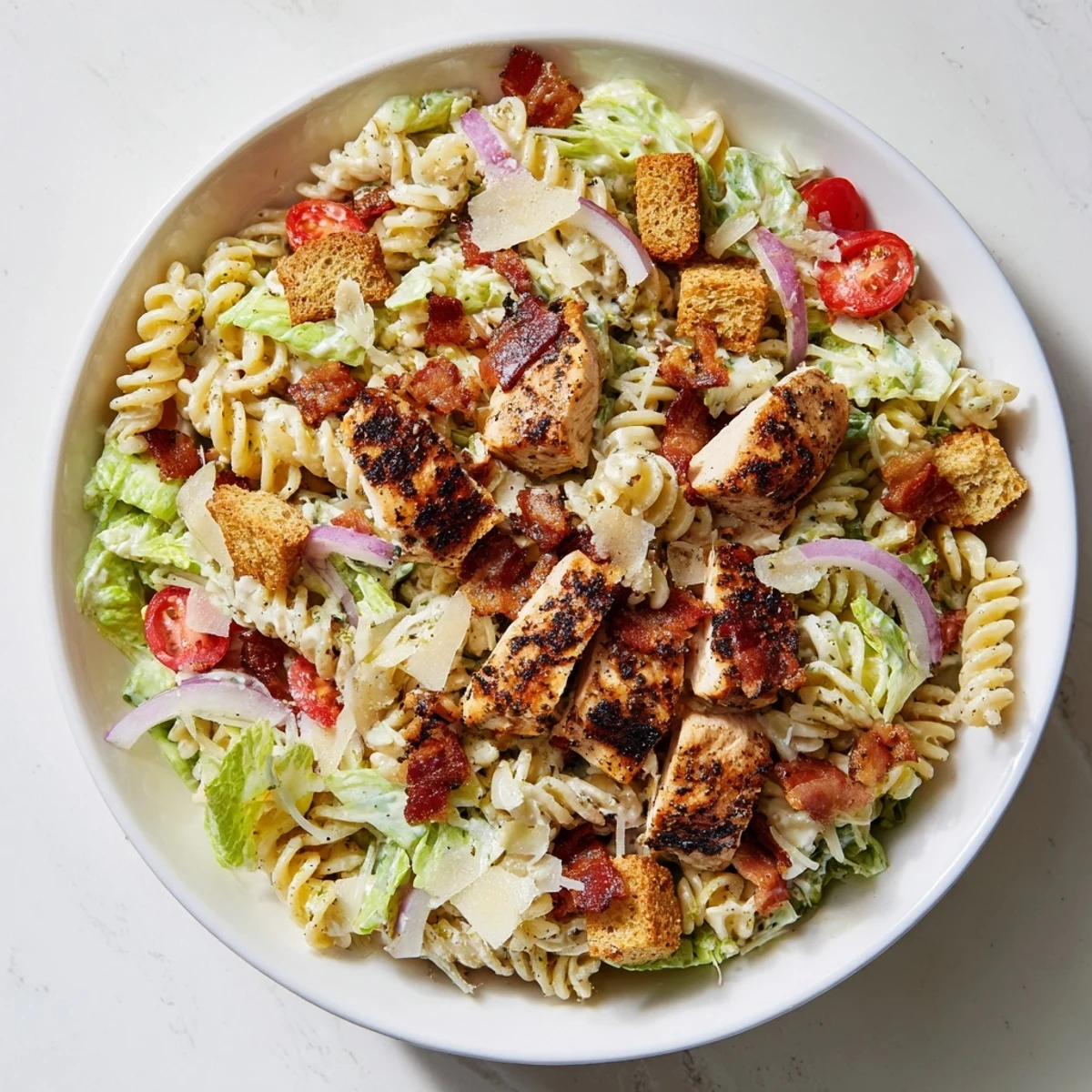 Tossed Chicken Caesar Pasta Salad, featuring bite-sized chicken, juicy tomatoes, and crunchy croutons in Caesar dressing.