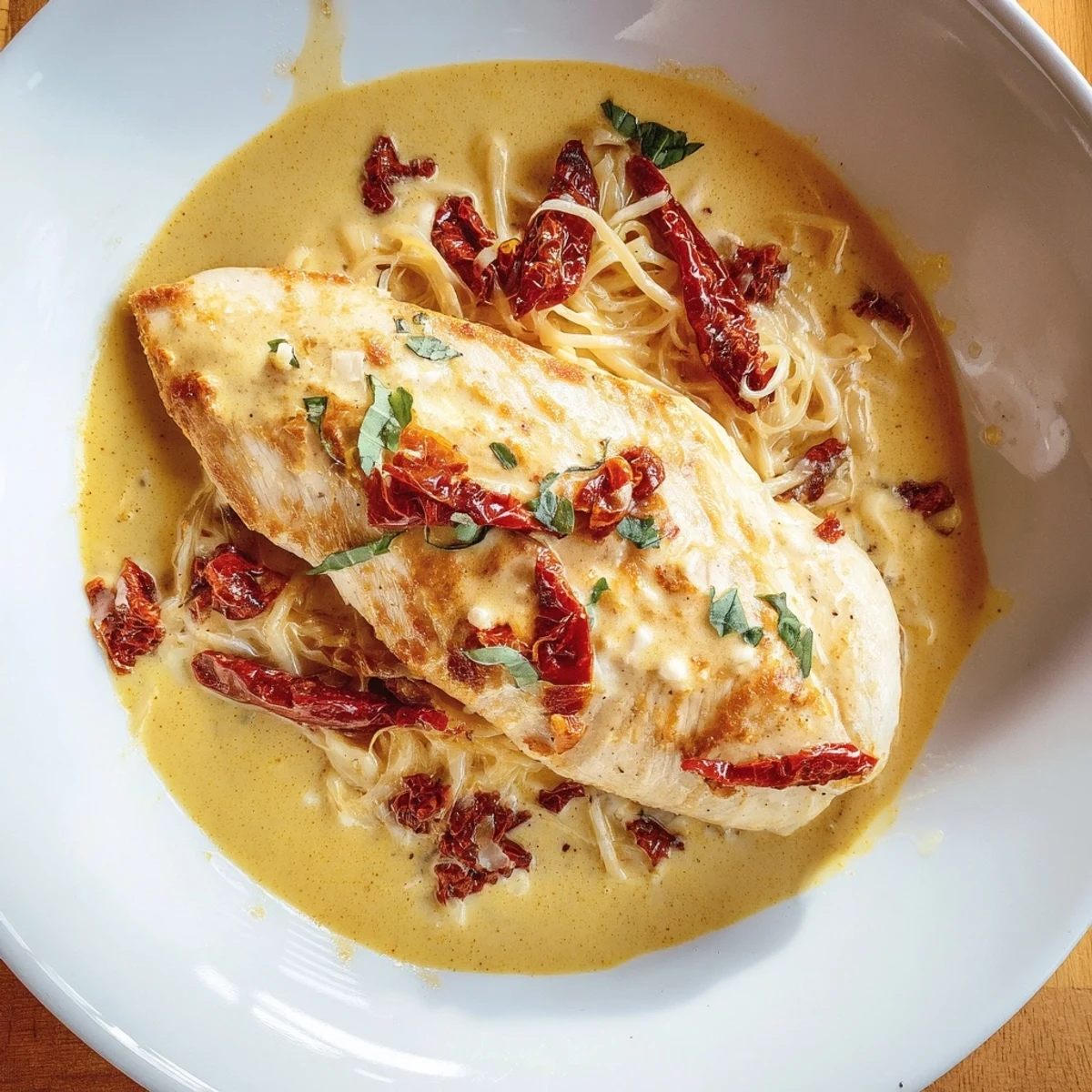Creamy Sun-Dried Tomato Chicken Skillet, a rich dish with tender chicken coated in a luscious sauce.