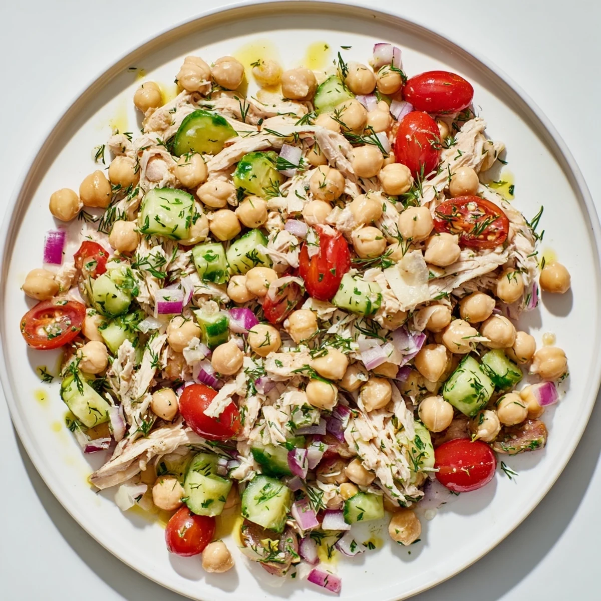 A visually appealing bowl of Dense Bean Salad with Lemon-Dill Chicken, garnished and ready to serve.