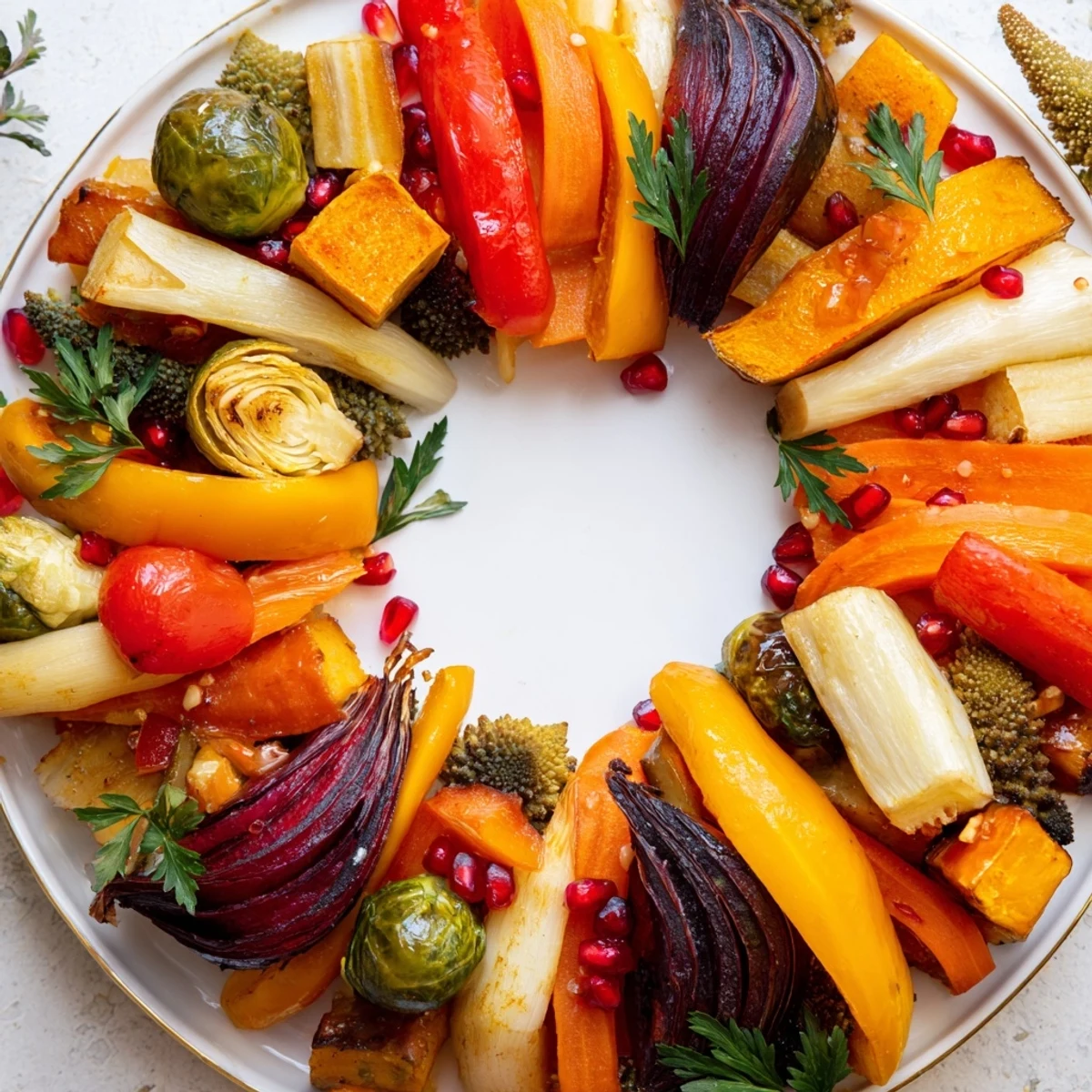 Vibrant Festive Vegetable Christmas Wreath arranged on a platter, ready for a delicious holiday meal.