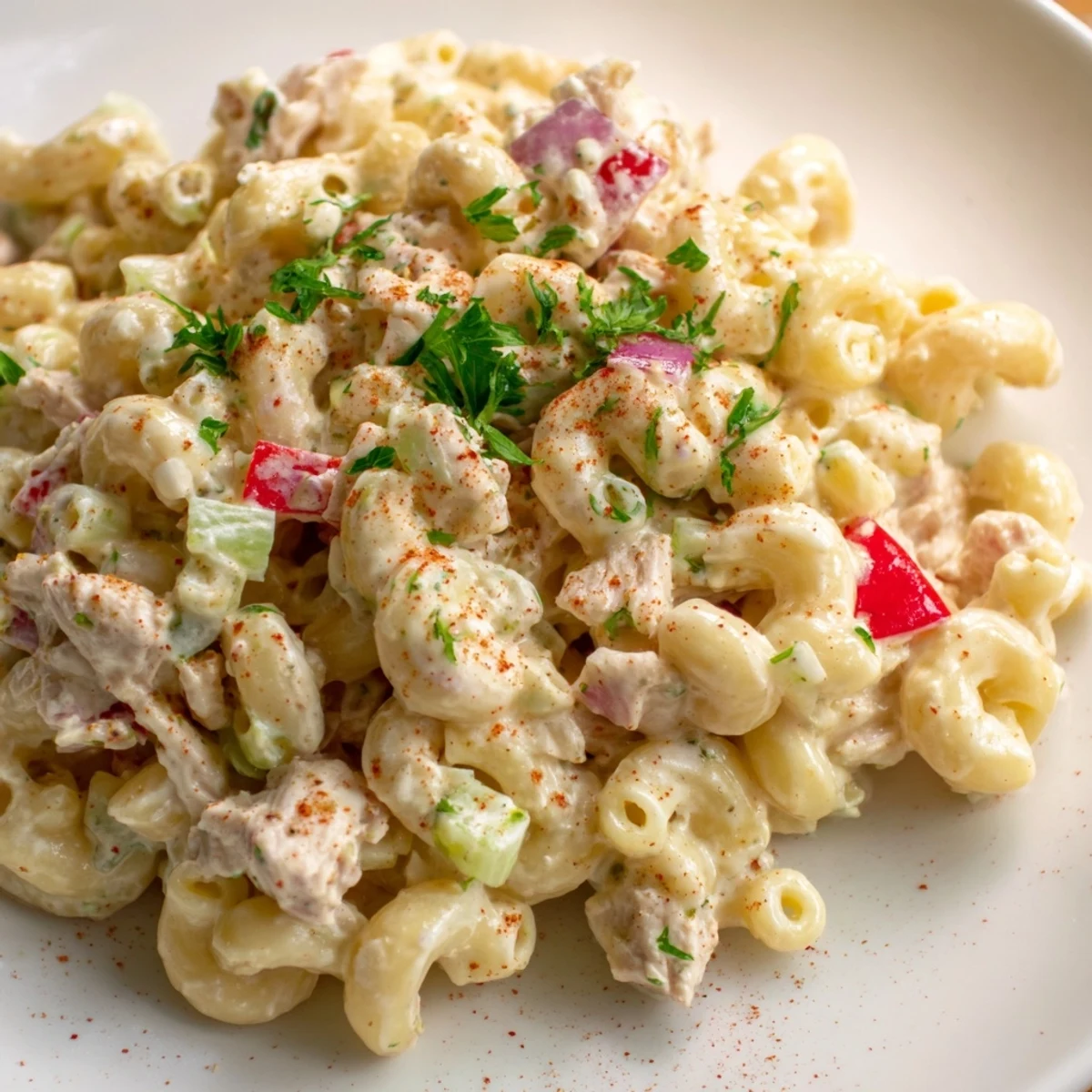Festive Chicken Macaroni Holiday Salad, showcasing creamy macaroni, chicken, and colorful veggies, ready to enjoy.