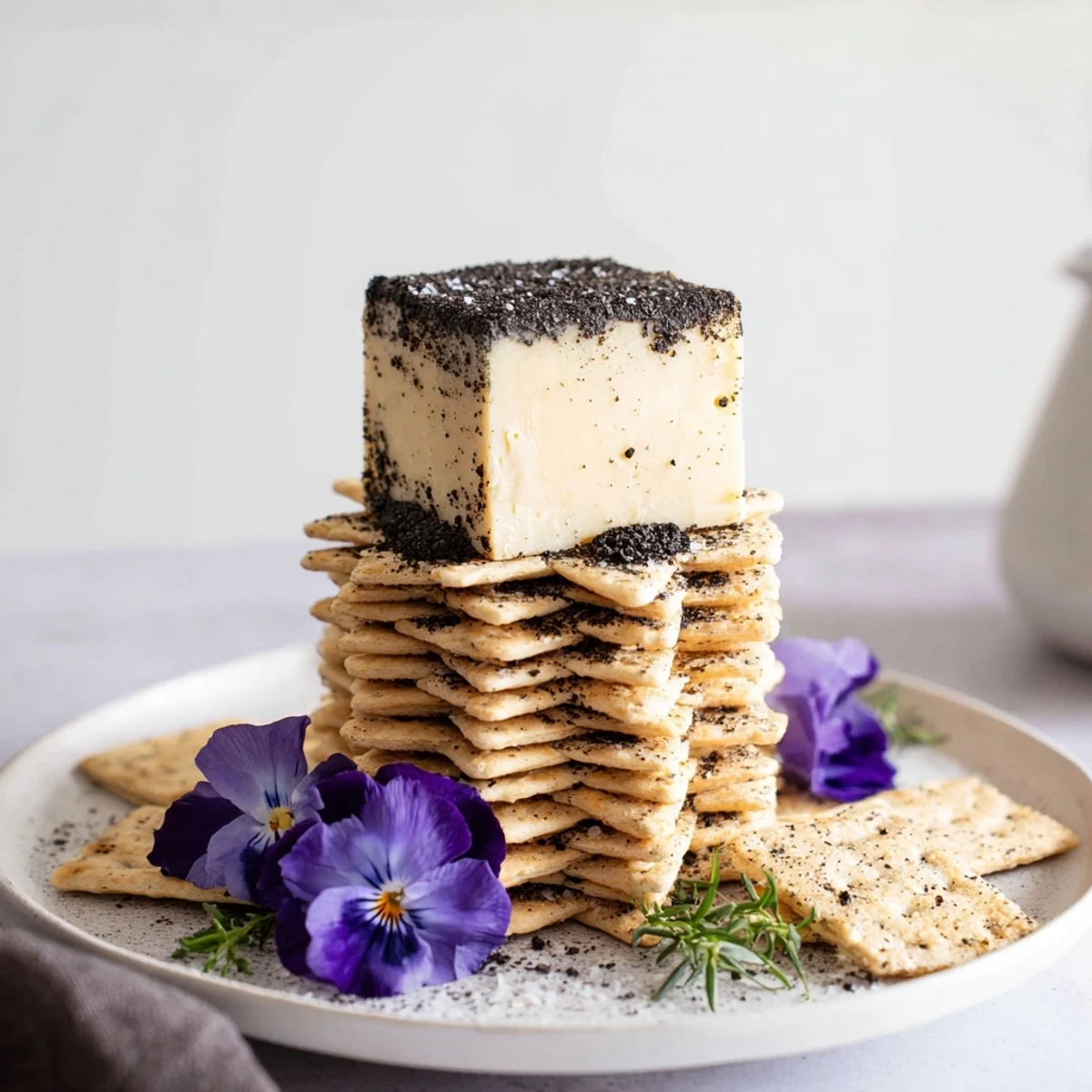 The Obsidian Peak cheese platter: a dramatic centerpiece of black wax cheddar, crackers, and almonds.
