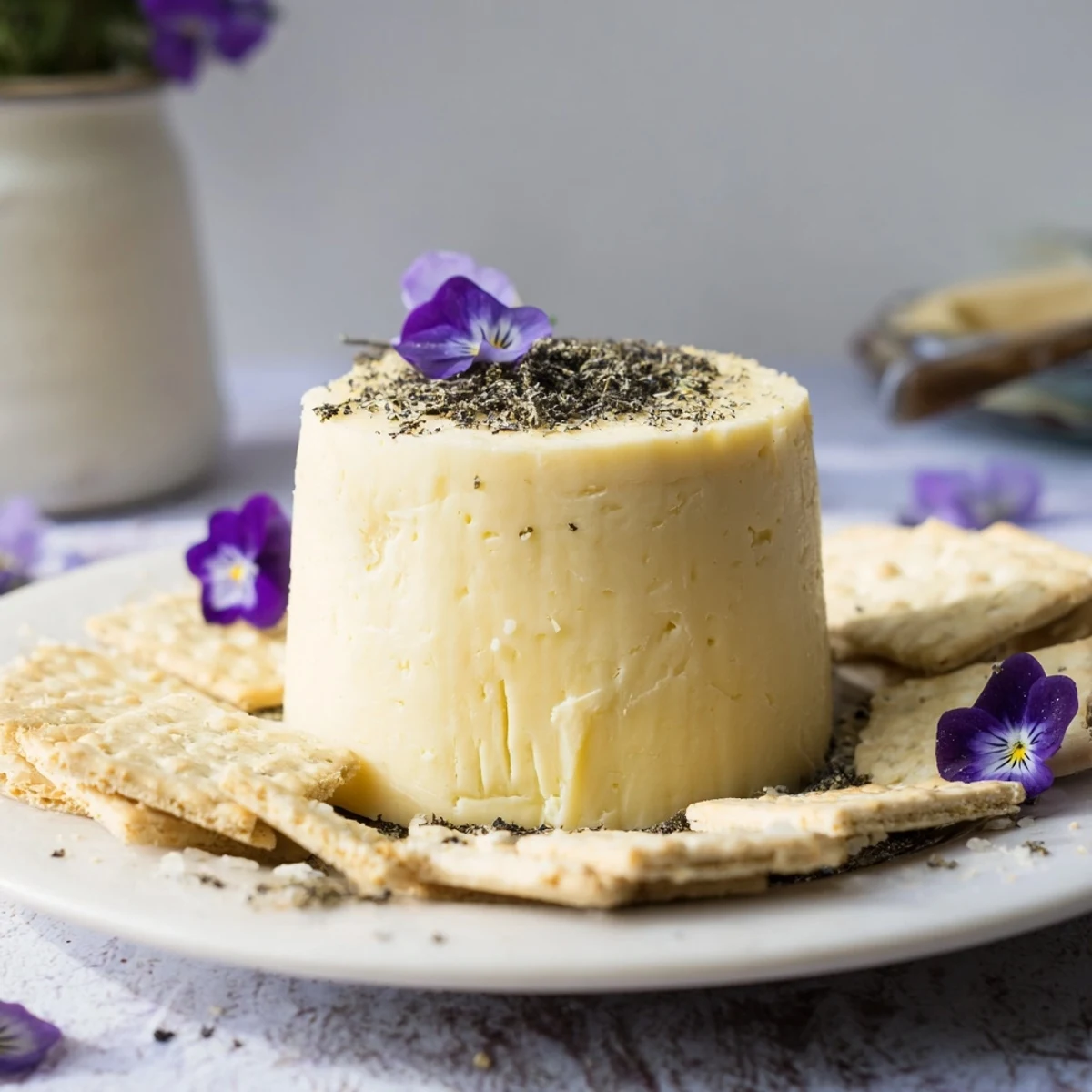 A close-up of The Obsidian Peak, showcasing the sharp cheddar cheese and charcoal-dusted almonds ready to serve.