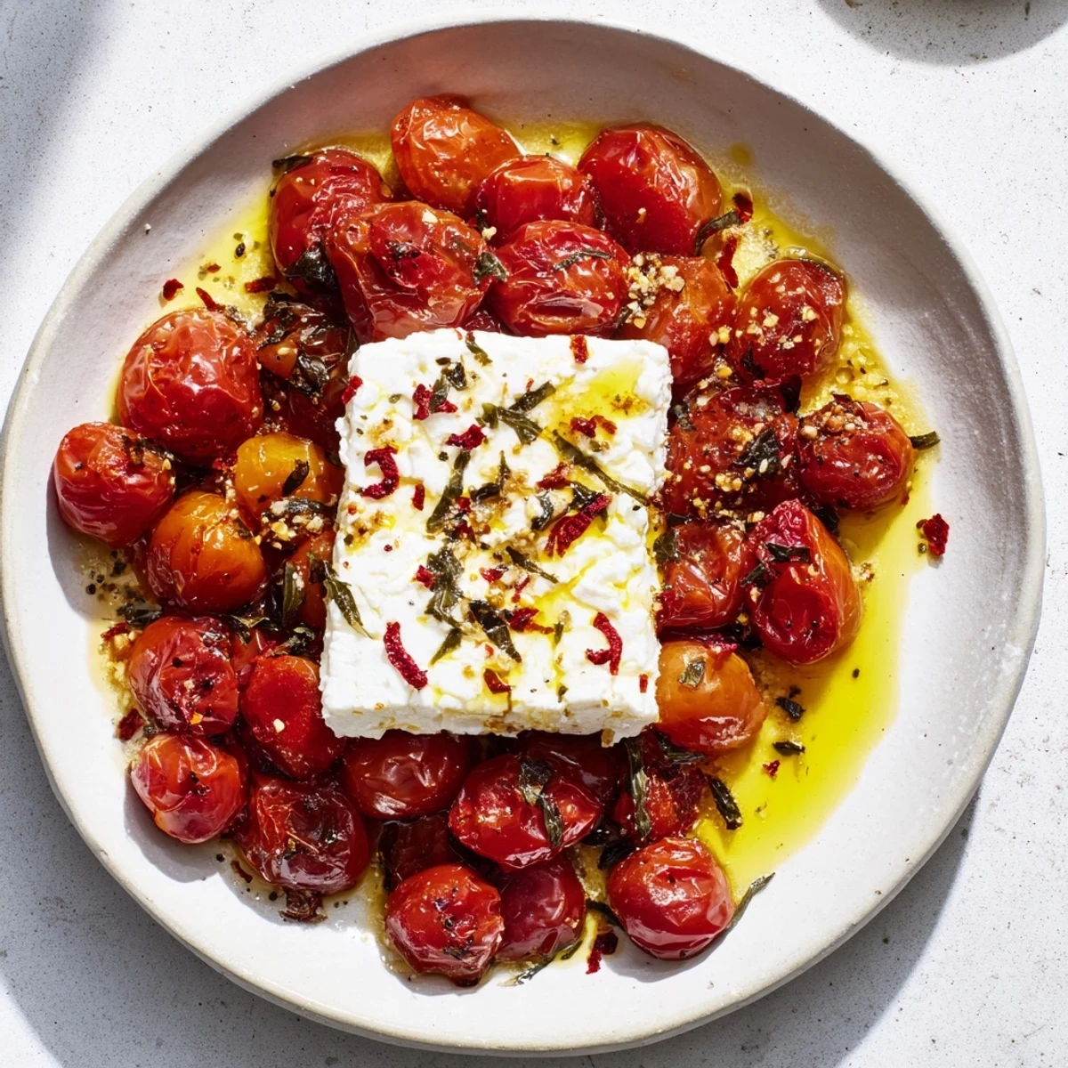 Creamy Baked Feta 2.0 with glistening tomatoes, perfectly balanced with sweet honey and red pepper flakes.