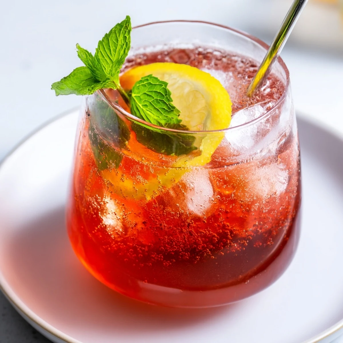 Visually appealing Sleepy Girl Cherry Mocktail, garnished with mint and lemon, ready for a restful night.